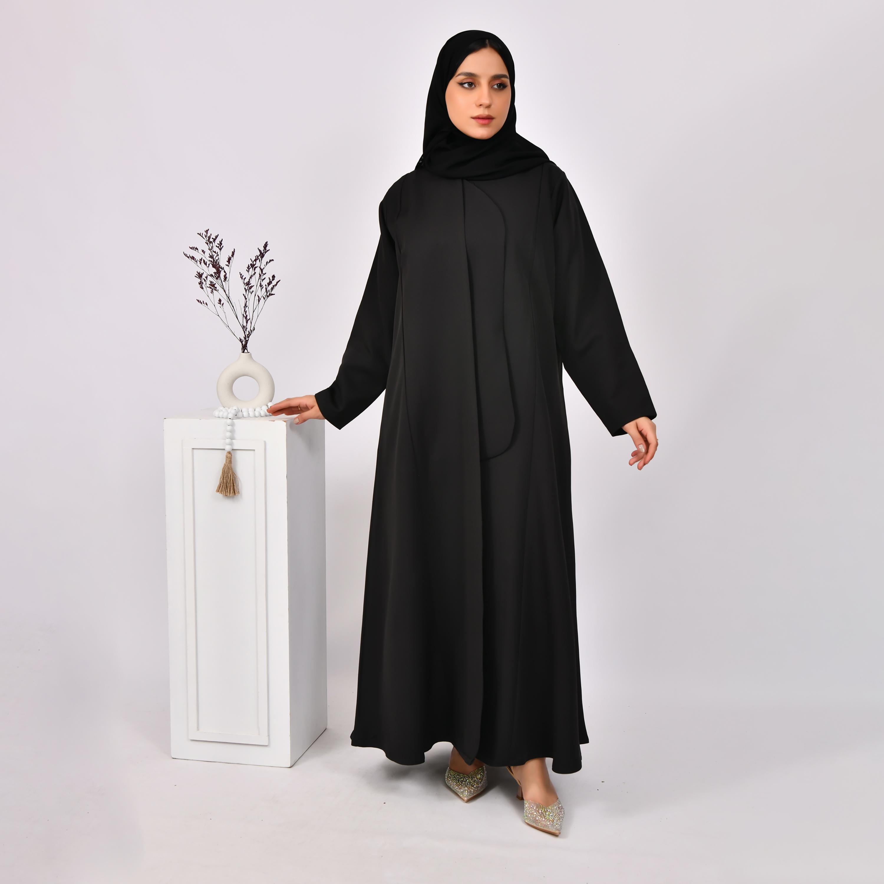 Hawraa Black Linen Abaya with Hijab-women-arabicclothing-abayas-image-1