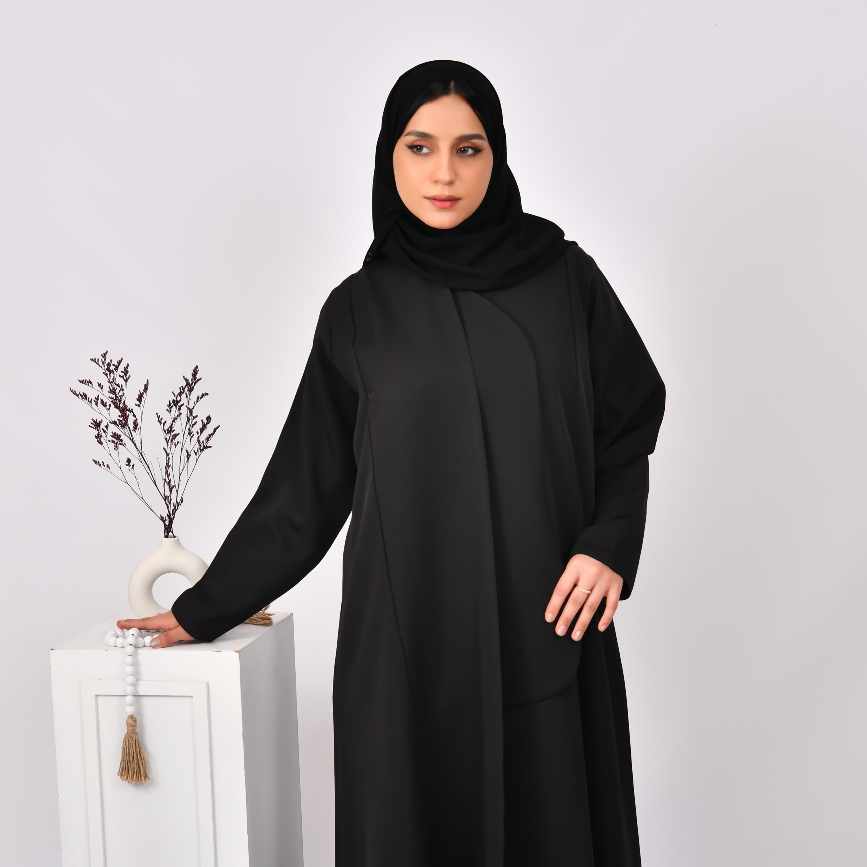 Hawraa Black Linen Abaya with Hijab-women-arabicclothing-abayas-image-2