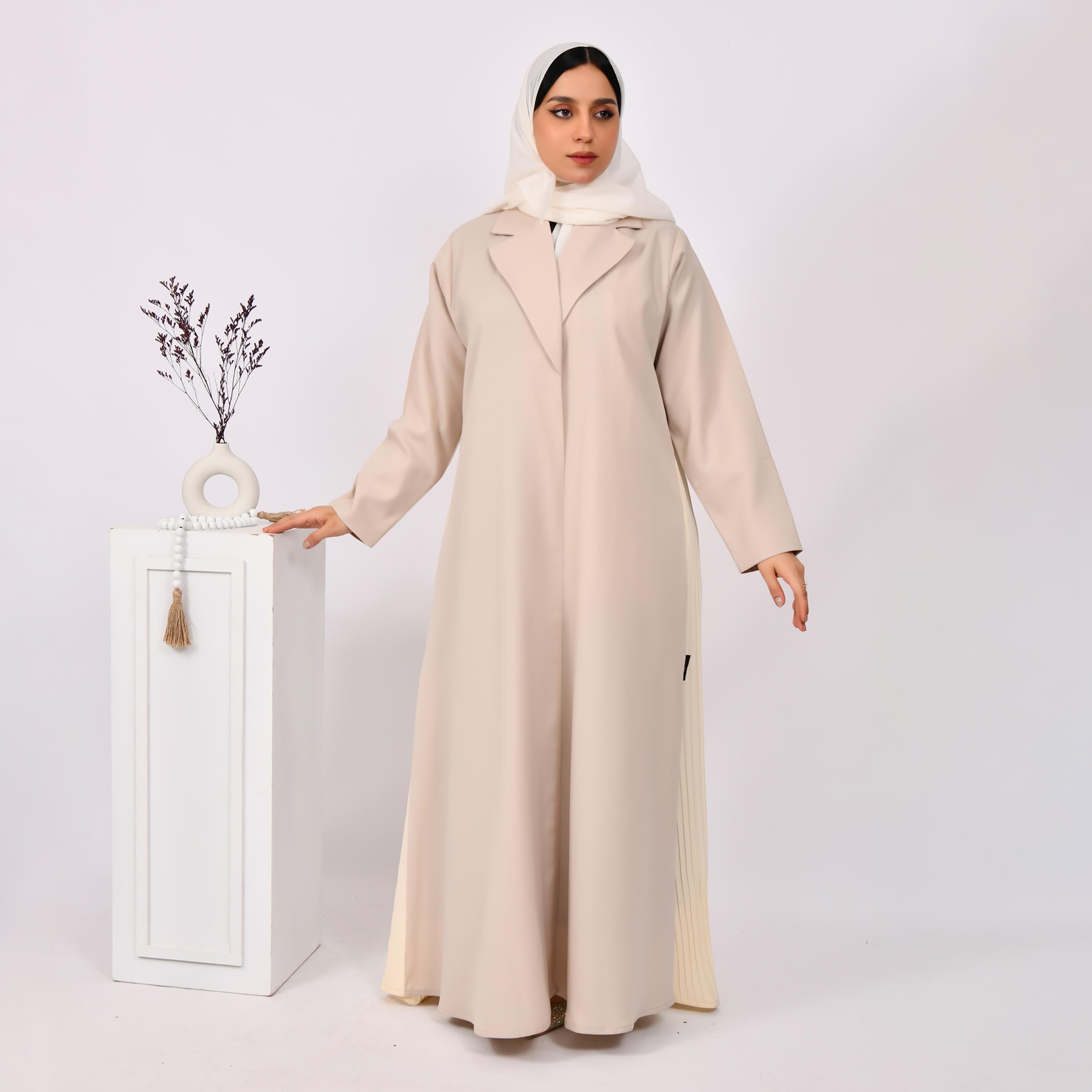عباية حوراء بطبقة من الكتان على شكل معطف مع حجاب-women-arabicclothing-abayas-image-1