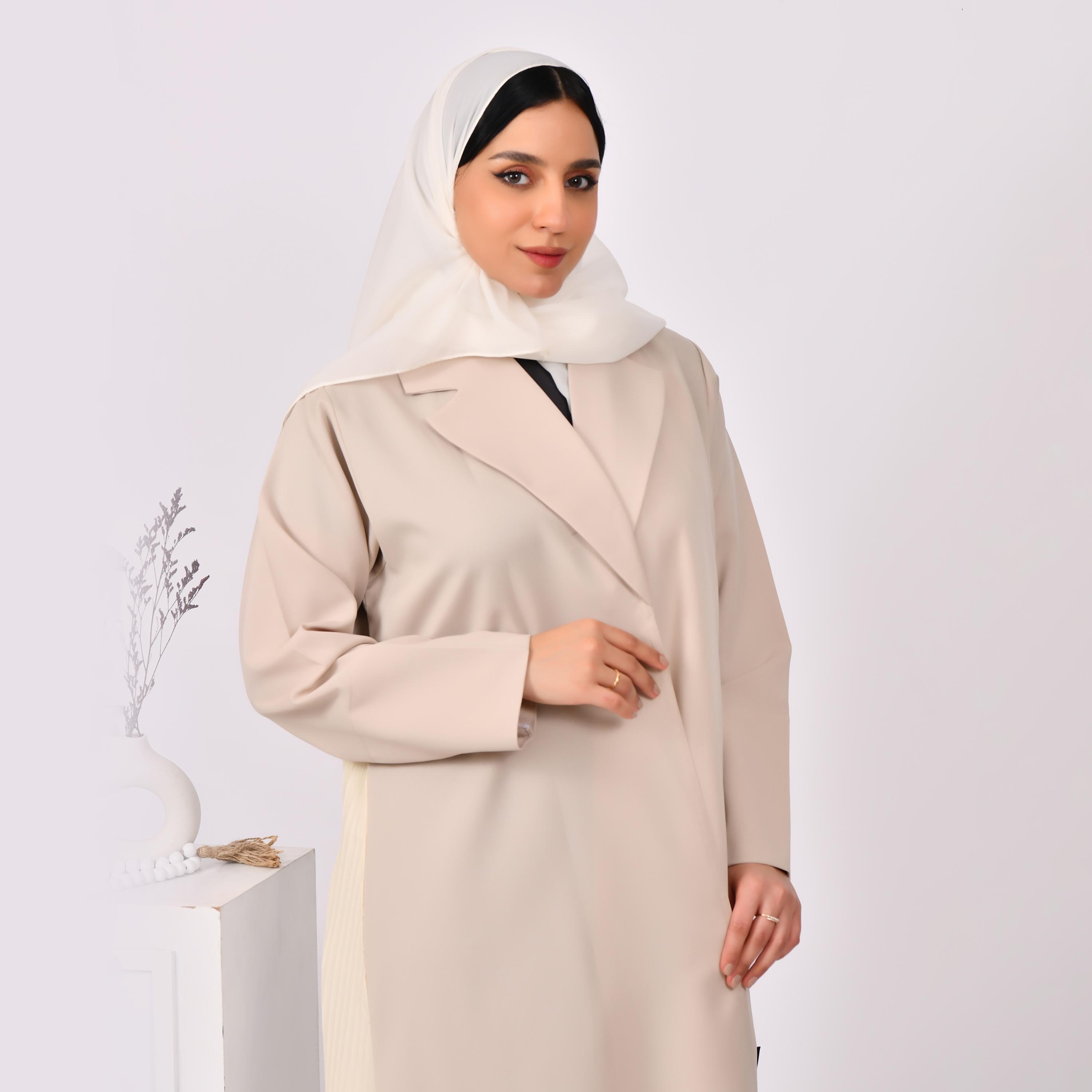 عباية حوراء بطبقة من الكتان على شكل معطف مع حجاب-women-arabicclothing-abayas-image-2