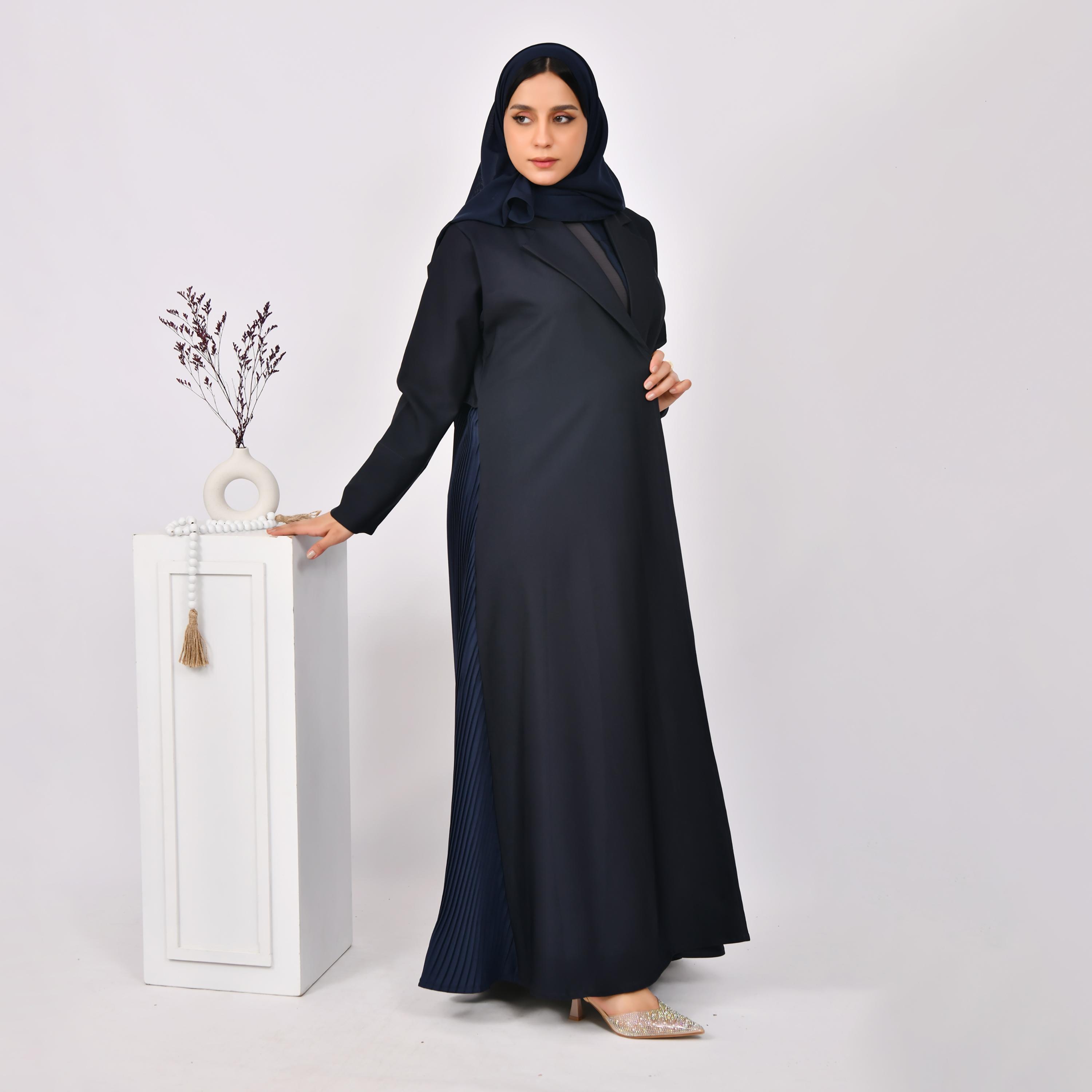 Hawraa Overlay Pleated Coat Style Linen Abaya with Hijab-women-arabicclothing-abayas-image-1