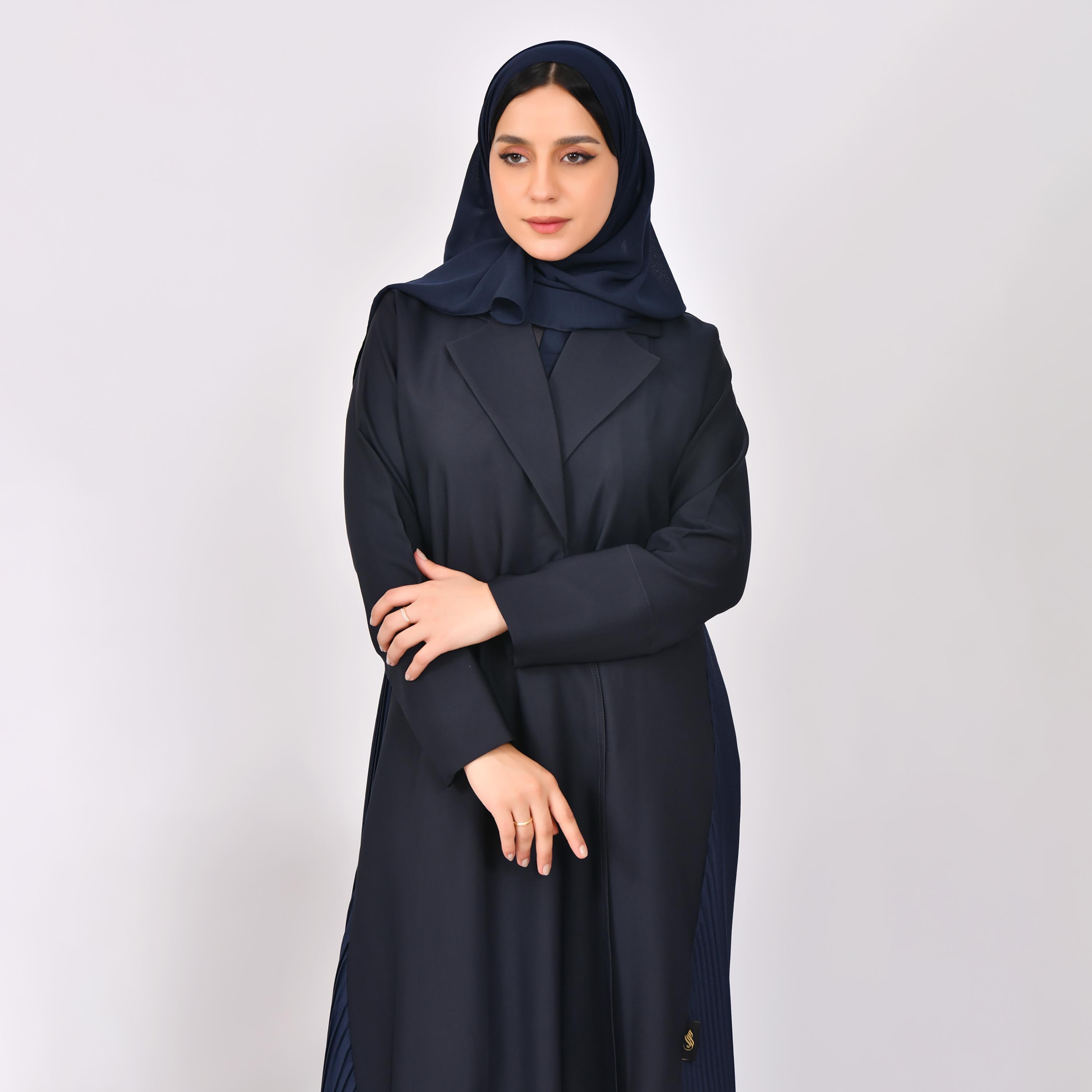 Hawraa Overlay Pleated Coat Style Linen Abaya with Hijab-women-arabicclothing-abayas-image-2
