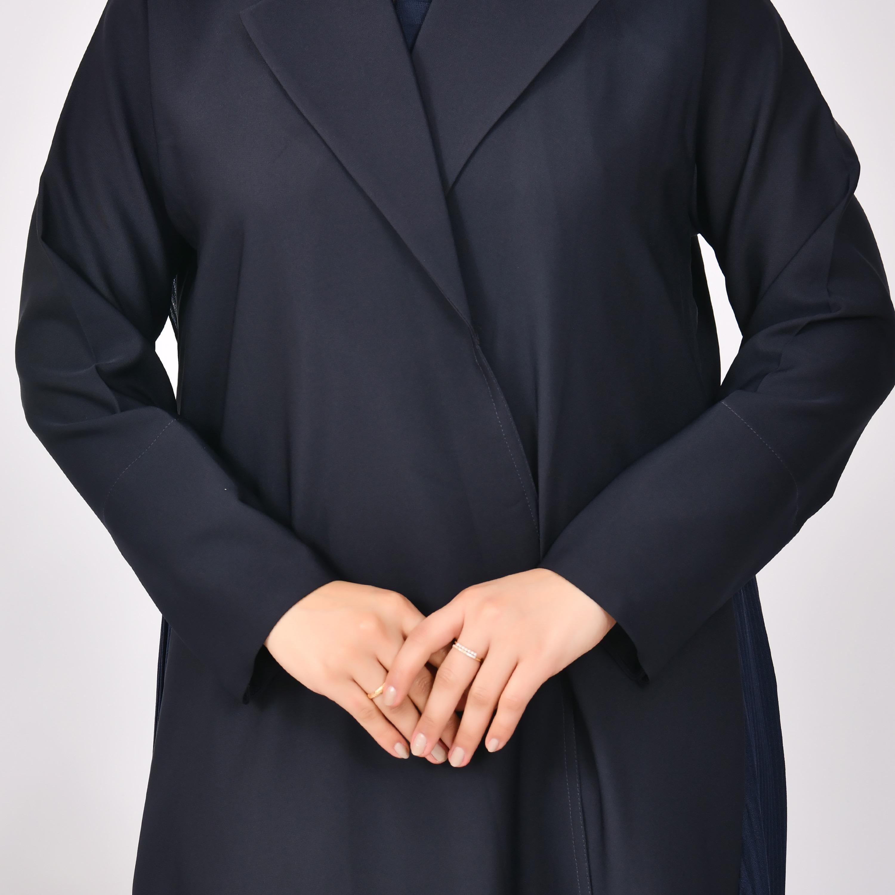 Hawraa Overlay Pleated Coat Style Linen Abaya with Hijab-women-arabicclothing-abayas-image-3
