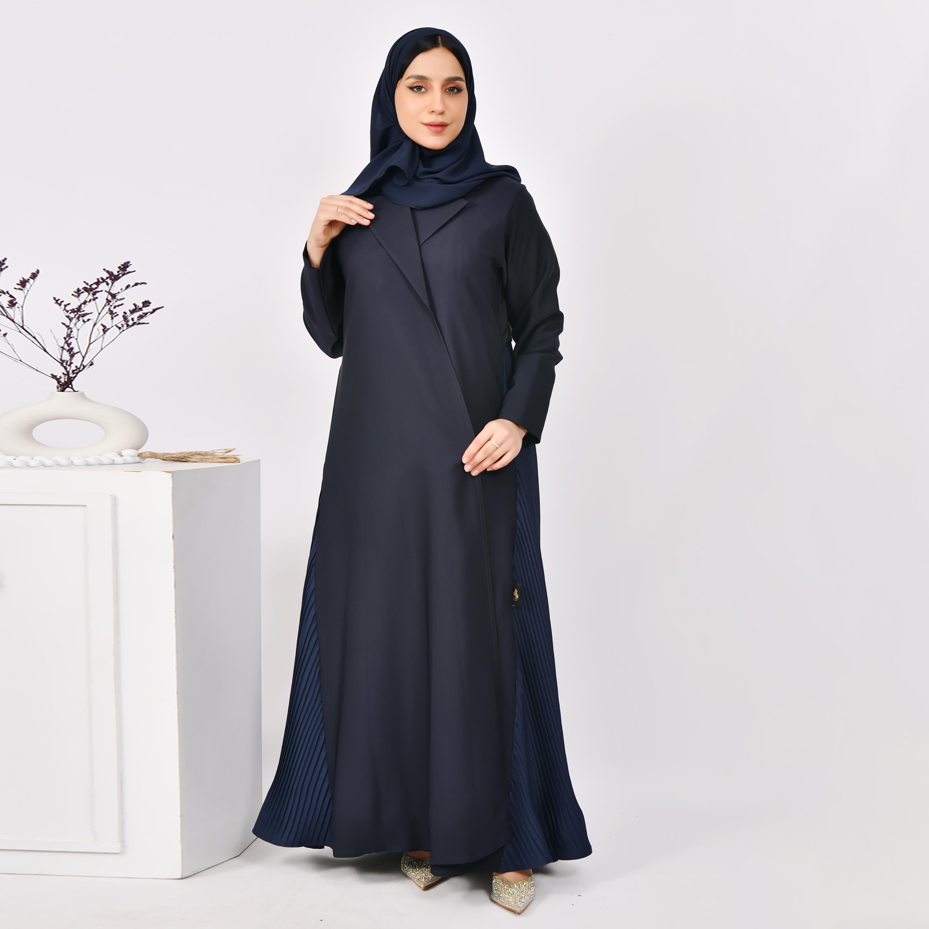 Hawraa Overlay Pleated Coat Style Linen Abaya with Hijab-women-arabicclothing-abayas-image-4