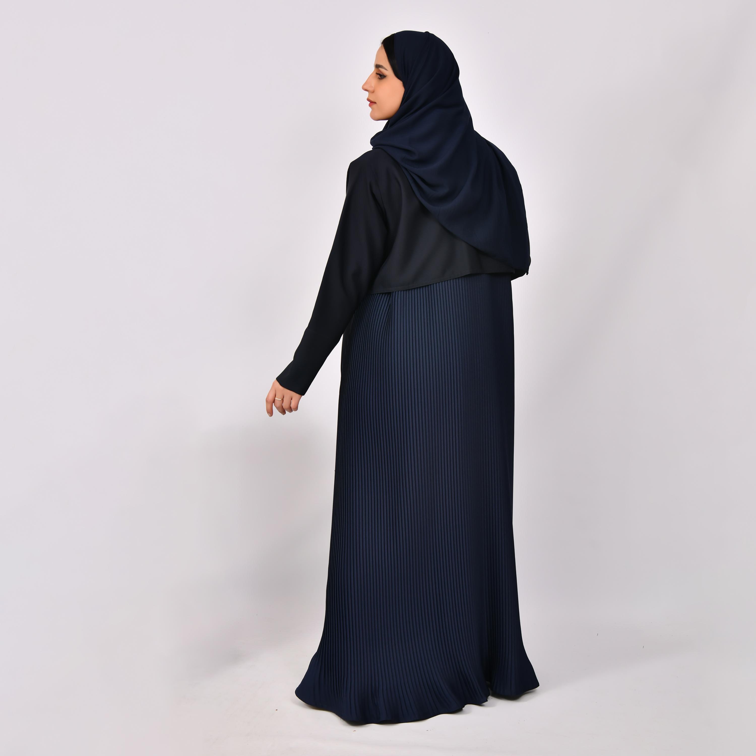 Hawraa Overlay Pleated Coat Style Linen Abaya with Hijab-women-arabicclothing-abayas-image-5