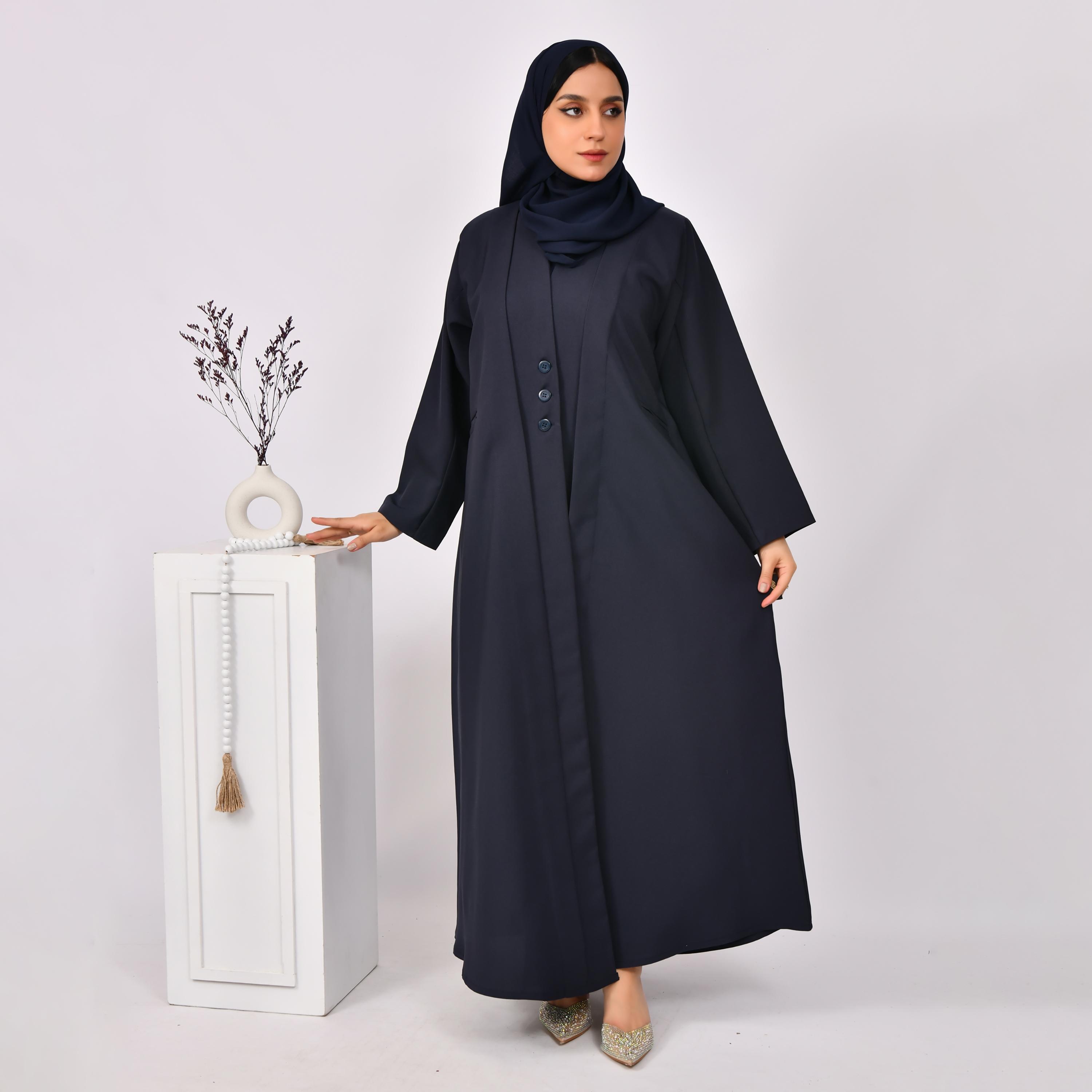 Hawraa Buttoned Linen Open Abaya with Hijab-women-arabicclothing-abayas-image-1