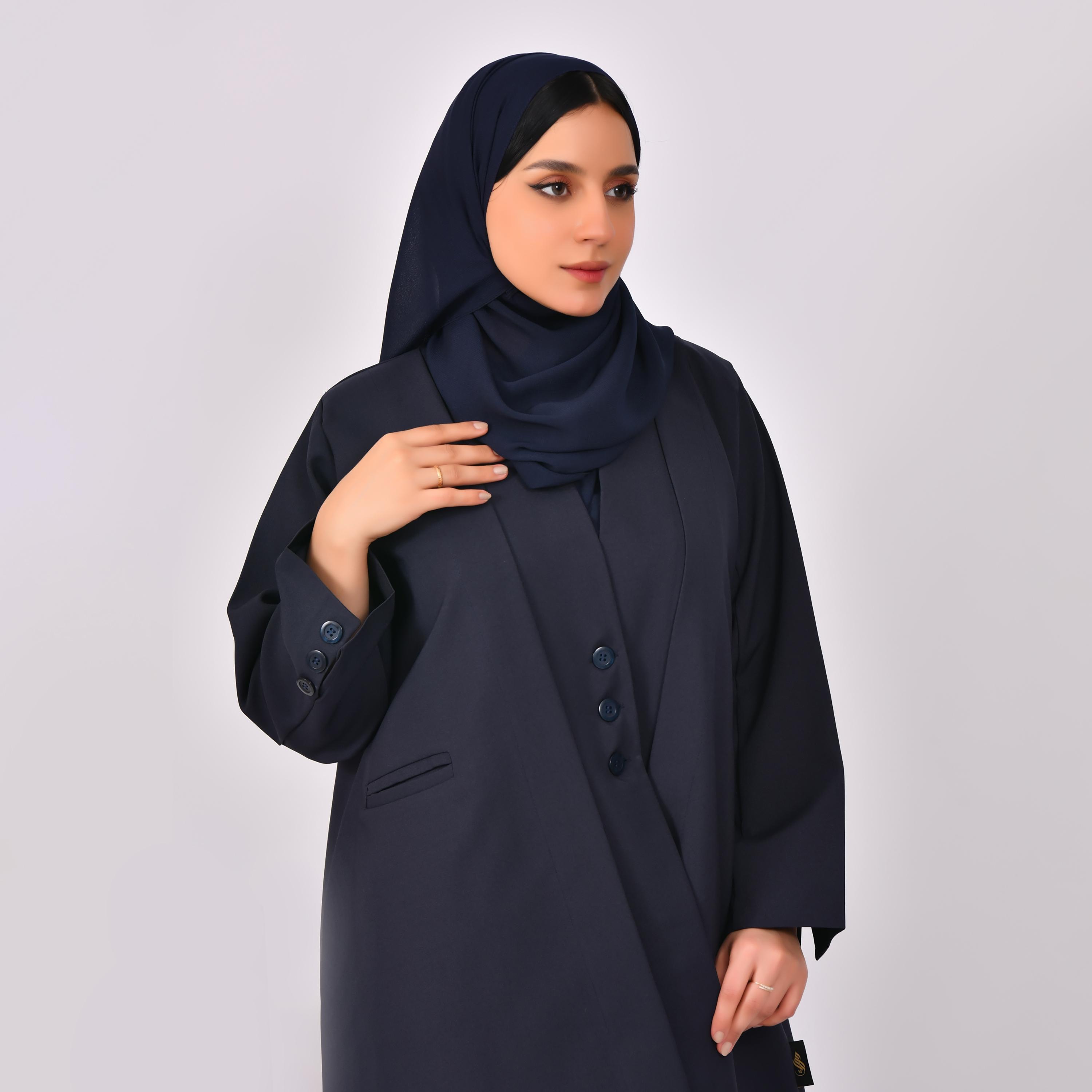 Hawraa Buttoned Linen Open Abaya with Hijab-women-arabicclothing-abayas-image-2