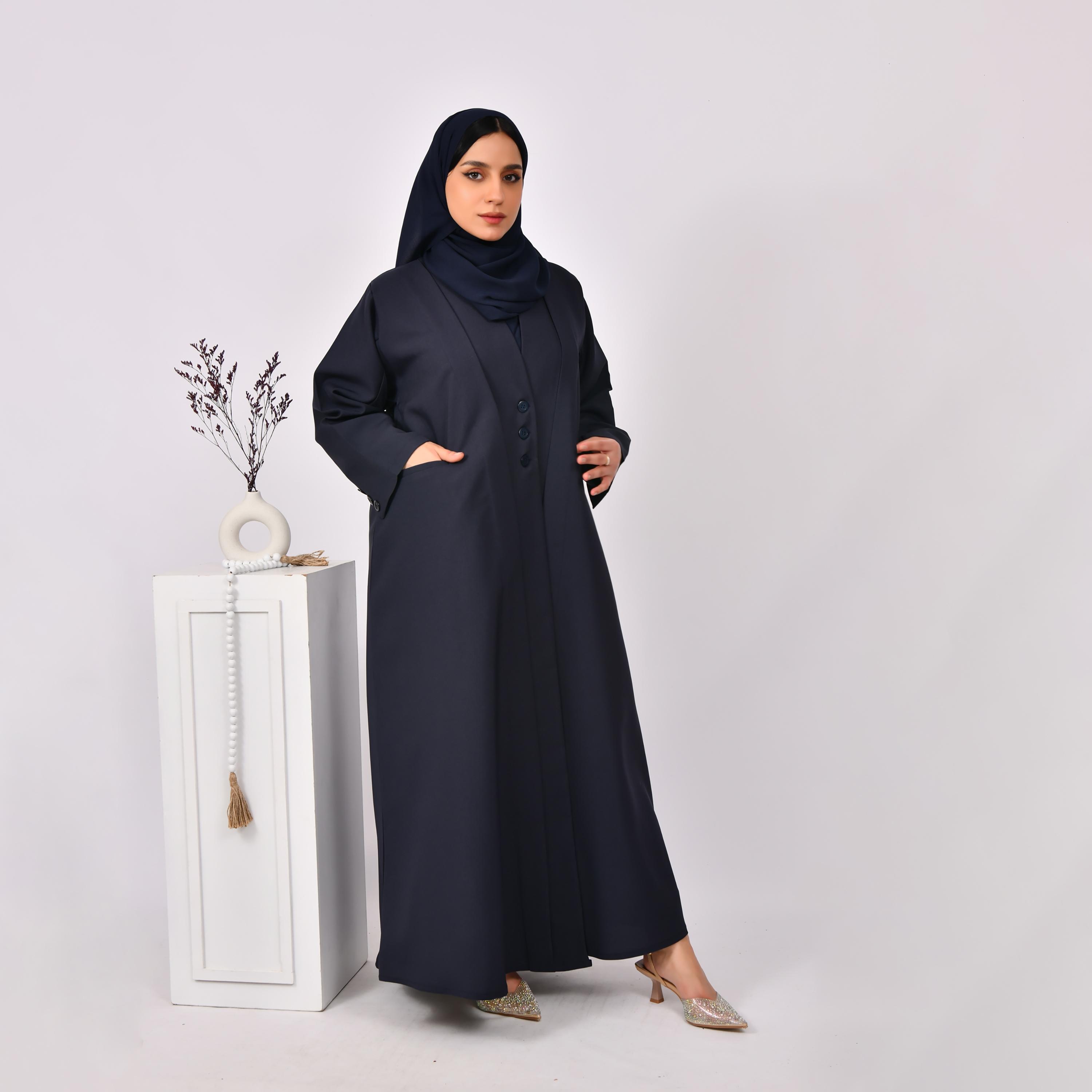 Hawraa Buttoned Linen Open Abaya with Hijab-women-arabicclothing-abayas-image-4