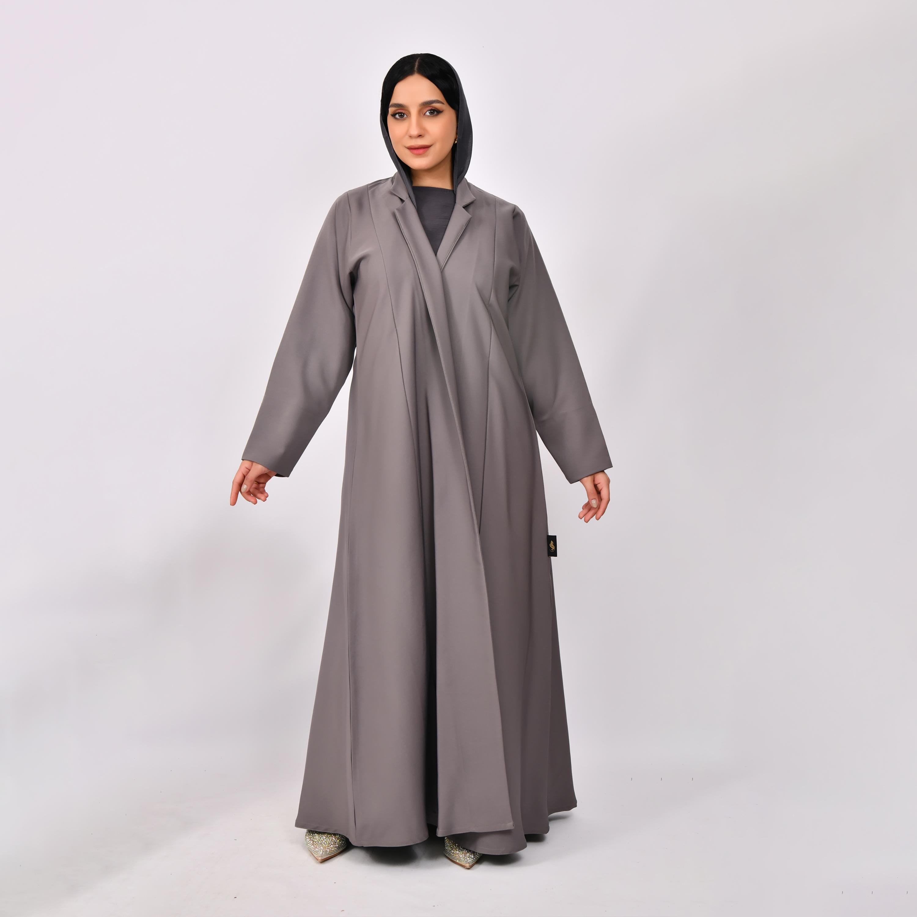 Hawraa Grey Lapel Collar Linen Open Abaya with Hijab-women-arabicclothing-abayas-image-1