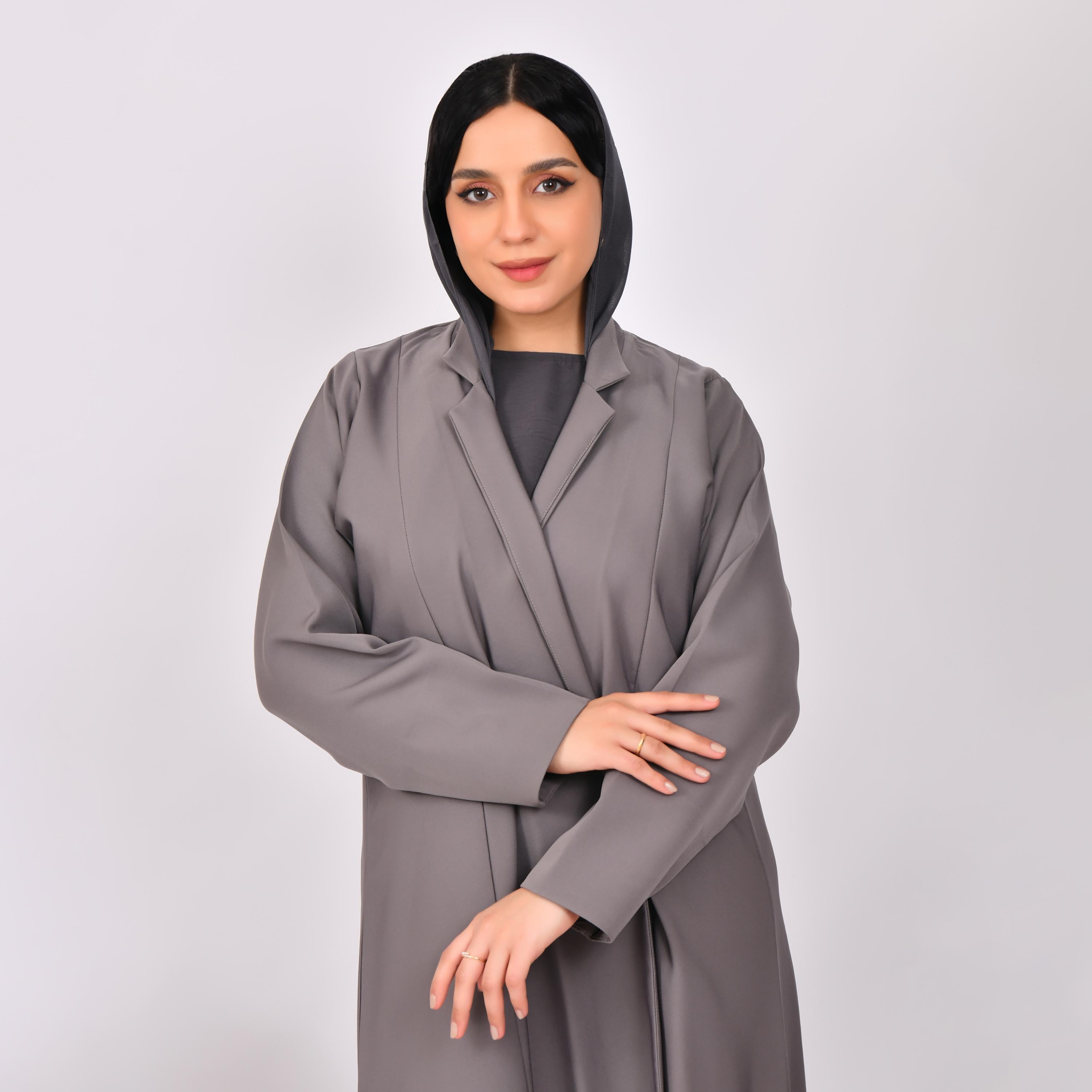 Hawraa Grey Lapel Collar Linen Open Abaya with Hijab-women-arabicclothing-abayas-image-2
