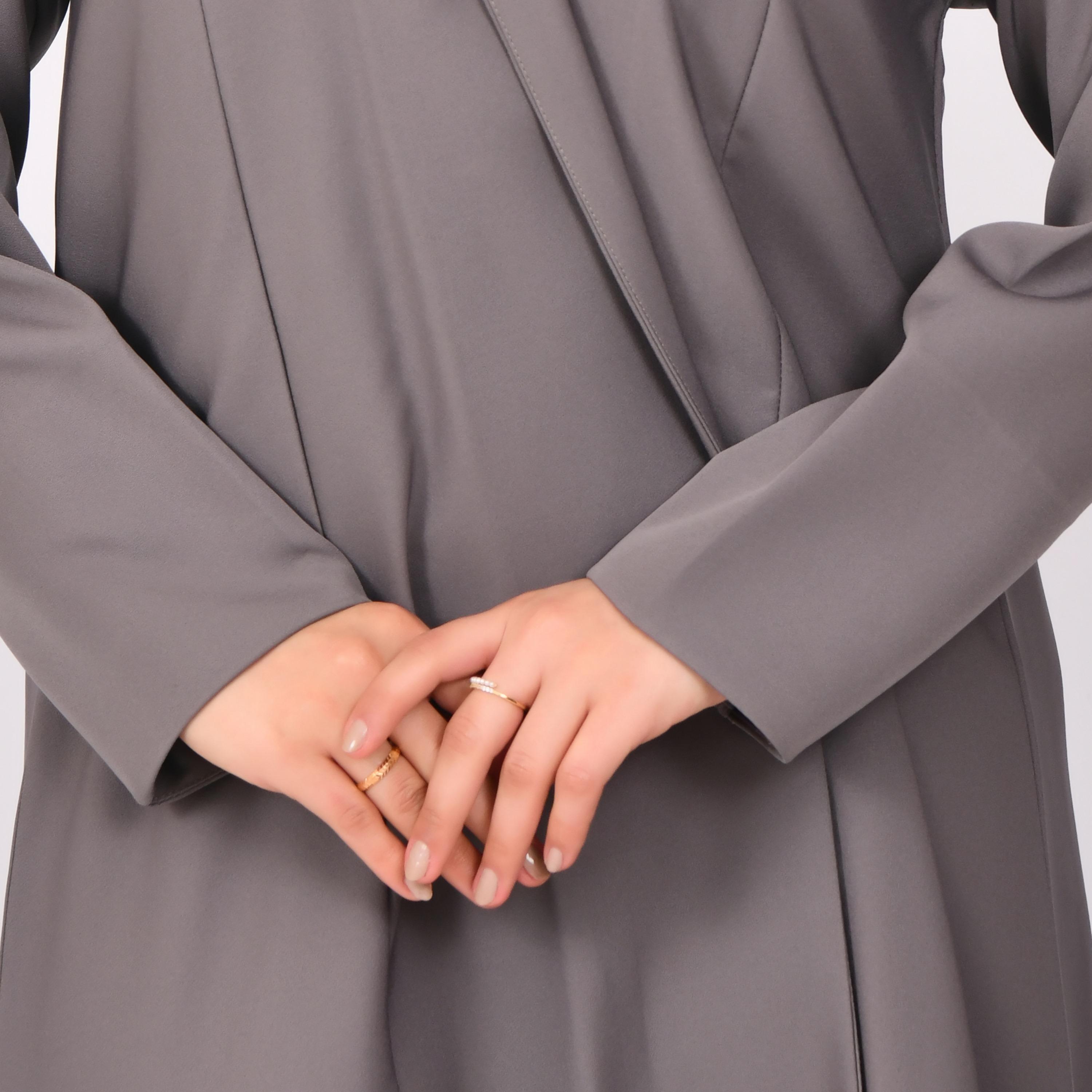 Hawraa Grey Lapel Collar Linen Open Abaya with Hijab-women-arabicclothing-abayas-image-3