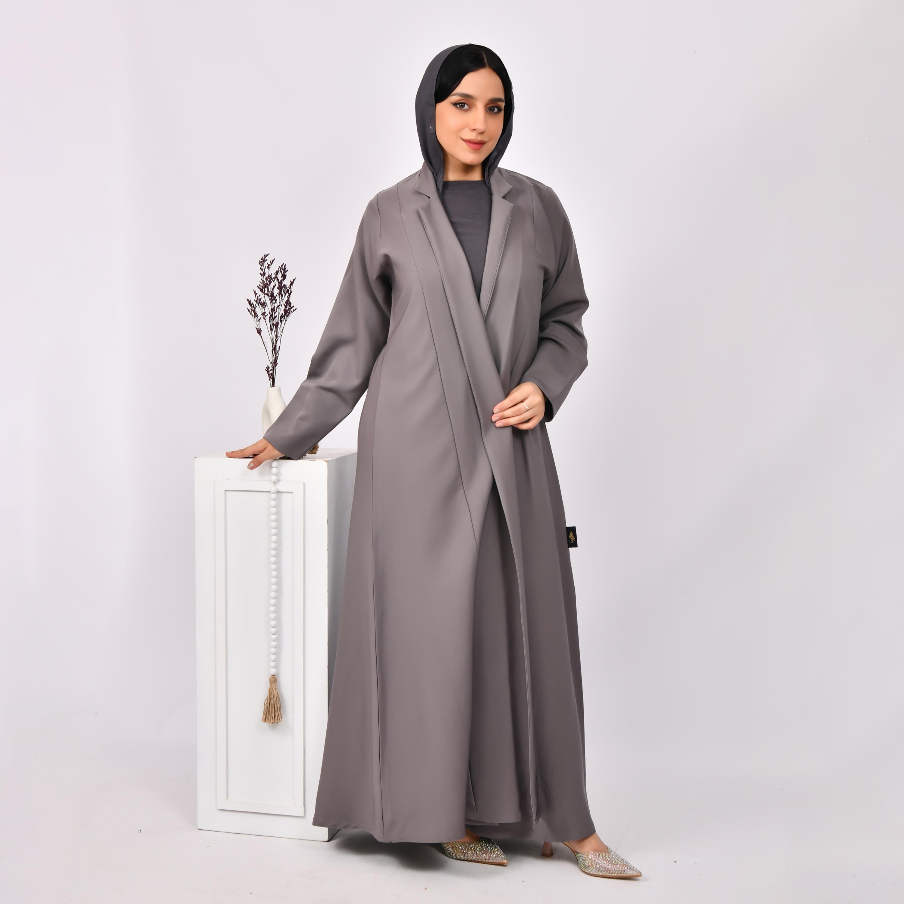 Hawraa Grey Lapel Collar Linen Open Abaya with Hijab-women-arabicclothing-abayas-image-4
