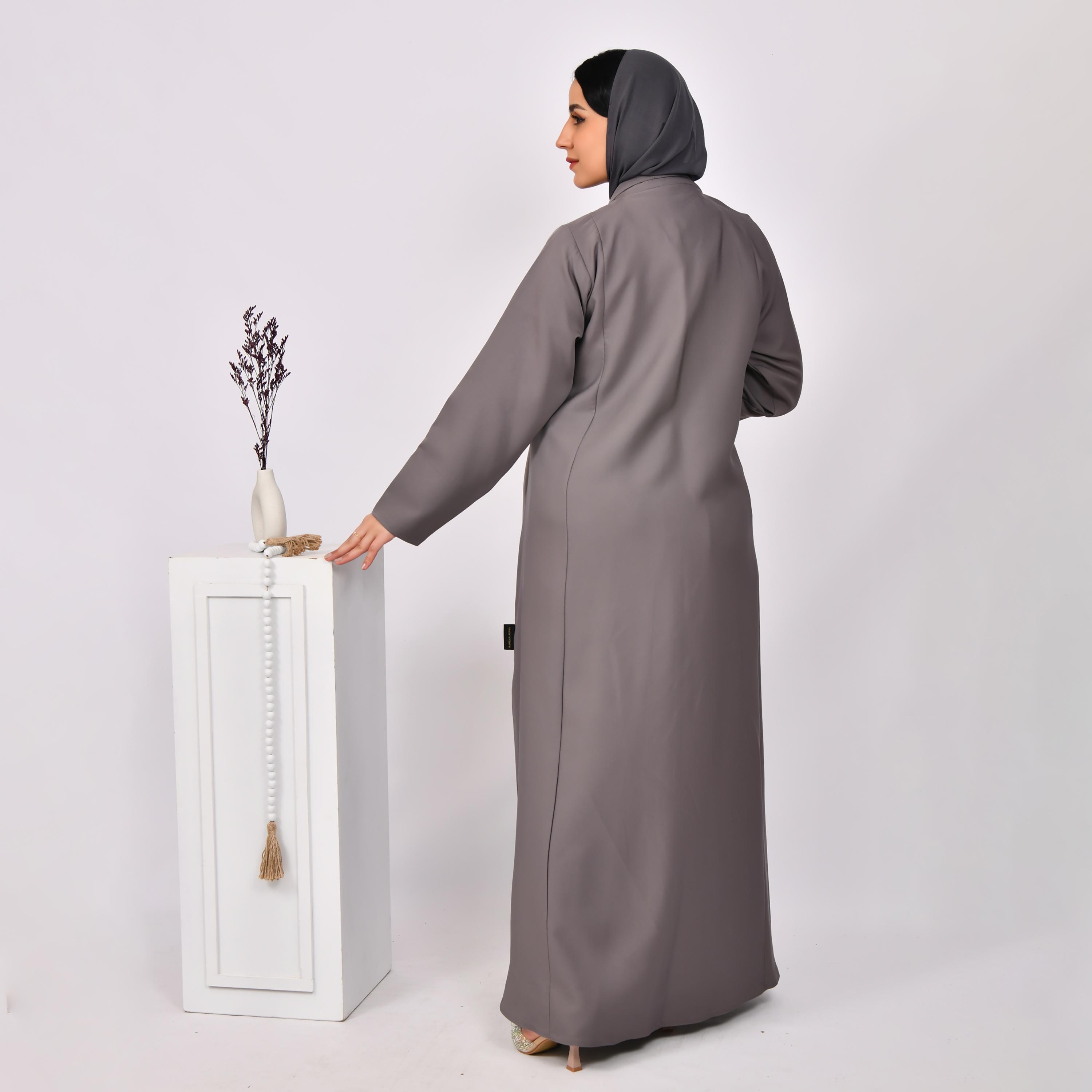 Hawraa Grey Lapel Collar Linen Open Abaya with Hijab-women-arabicclothing-abayas-image-5
