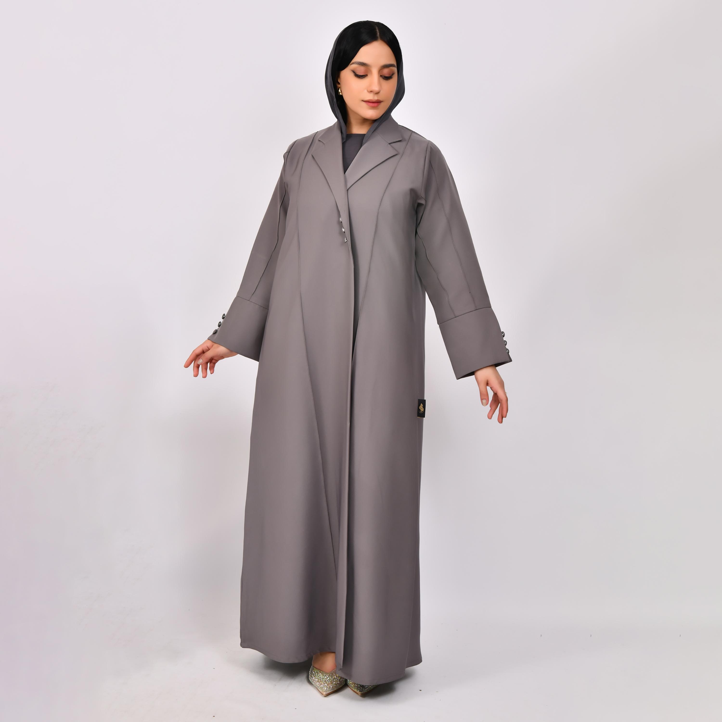 Hawraa Lapel Collar Buttoned Coat Style Linen Abaya with Hijab-women-arabicclothing-abayas-image-1