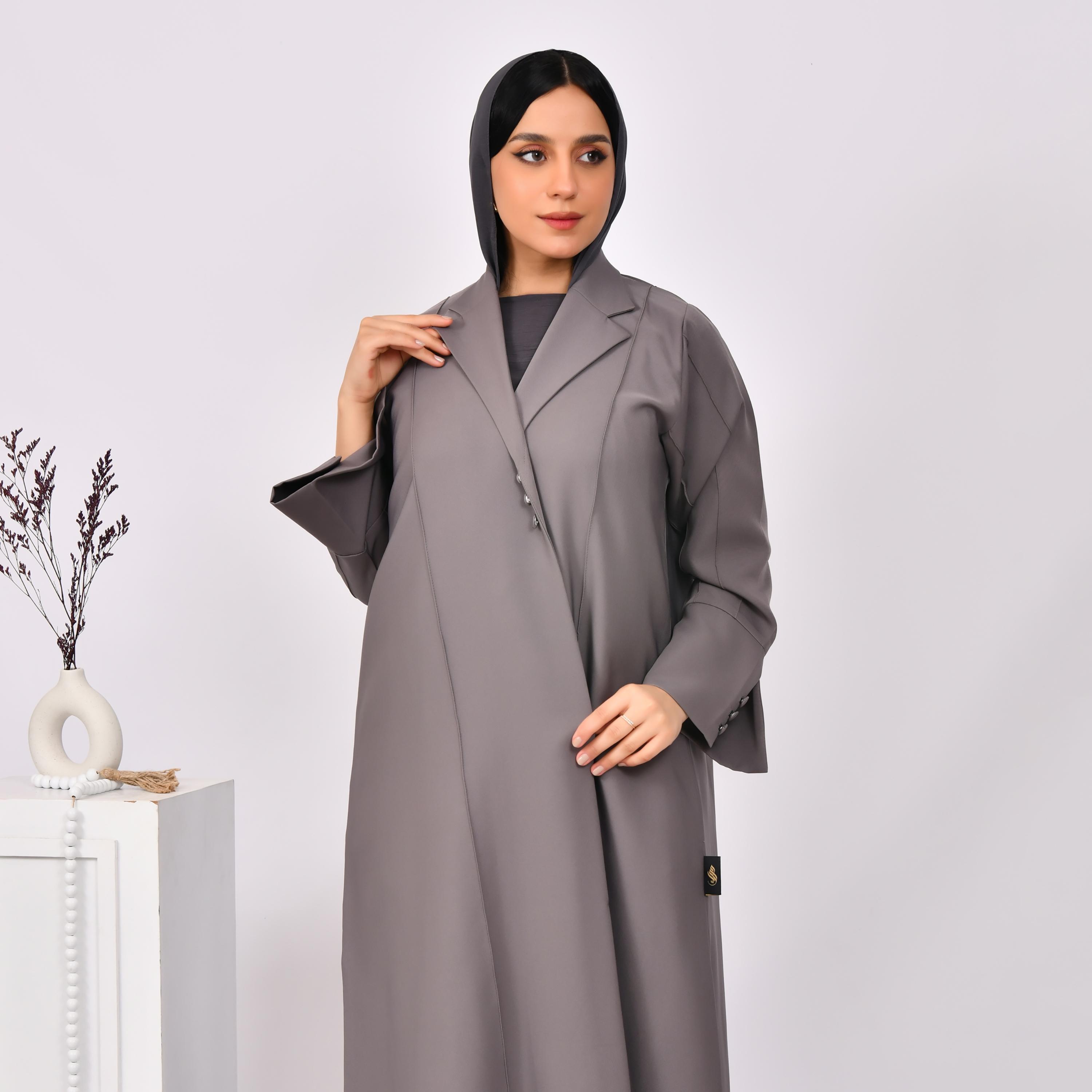 Hawraa Lapel Collar Buttoned Coat Style Linen Abaya with Hijab-women-arabicclothing-abayas-image-2