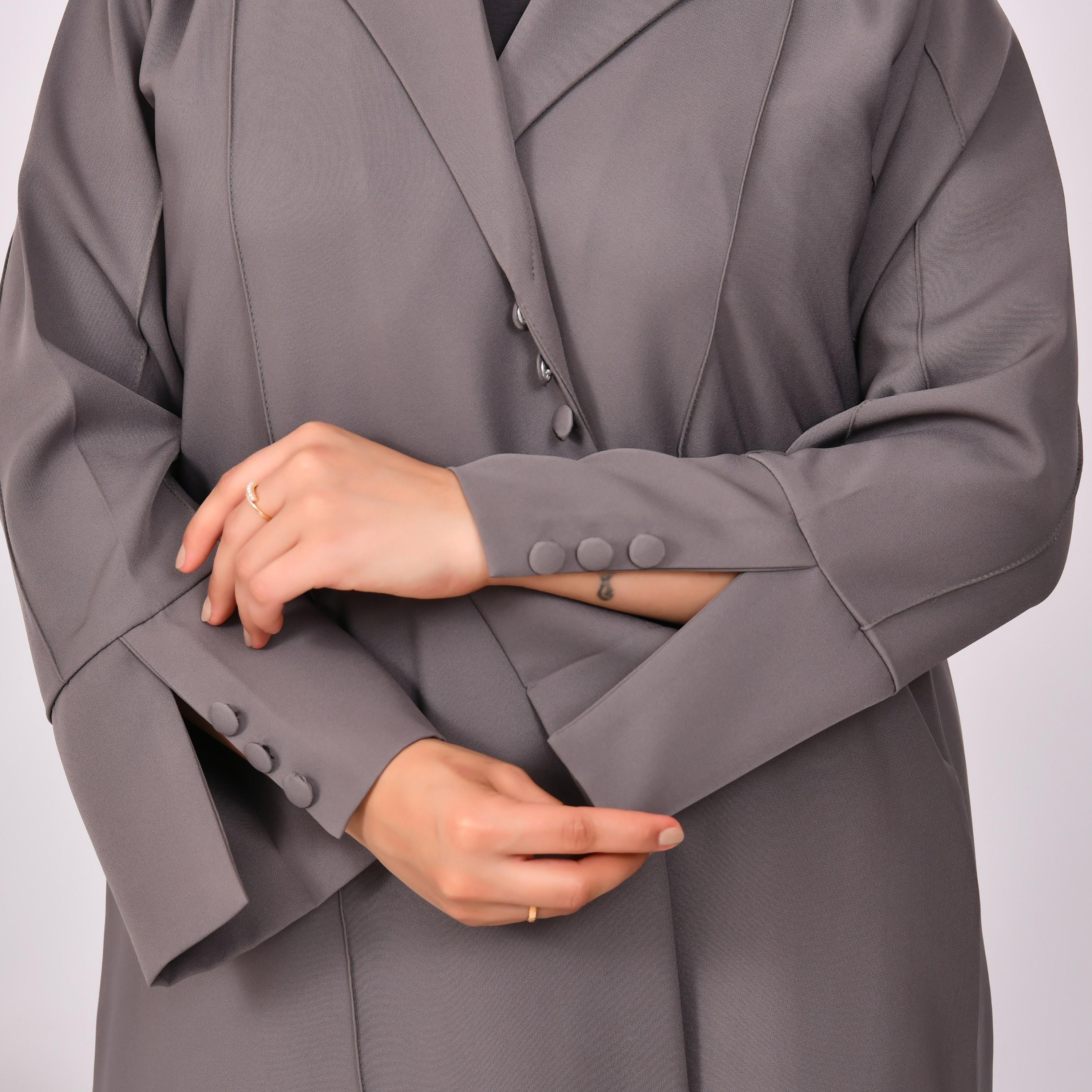Hawraa Lapel Collar Buttoned Coat Style Linen Abaya with Hijab-women-arabicclothing-abayas-image-3