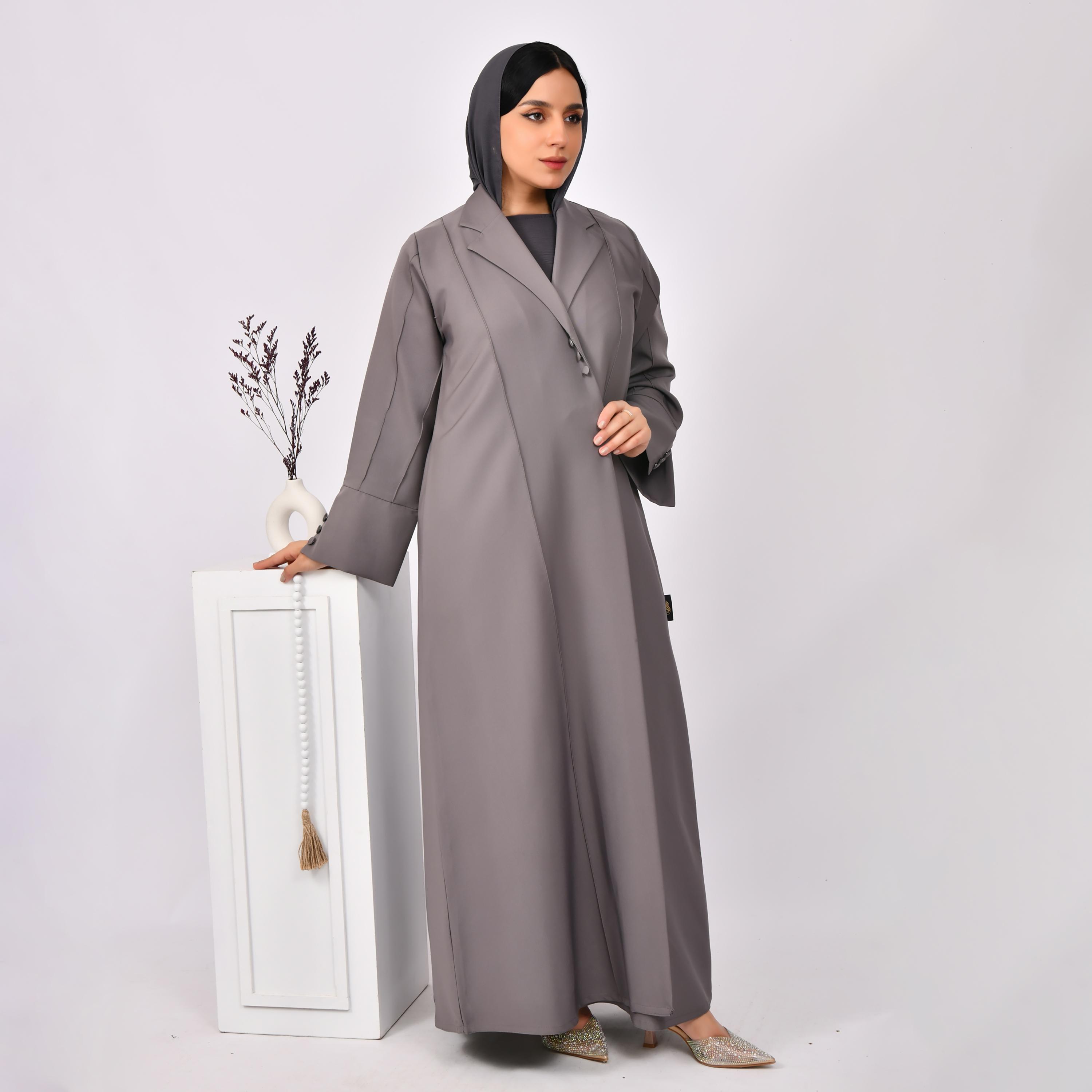 Hawraa Lapel Collar Buttoned Coat Style Linen Abaya with Hijab-women-arabicclothing-abayas-image-4