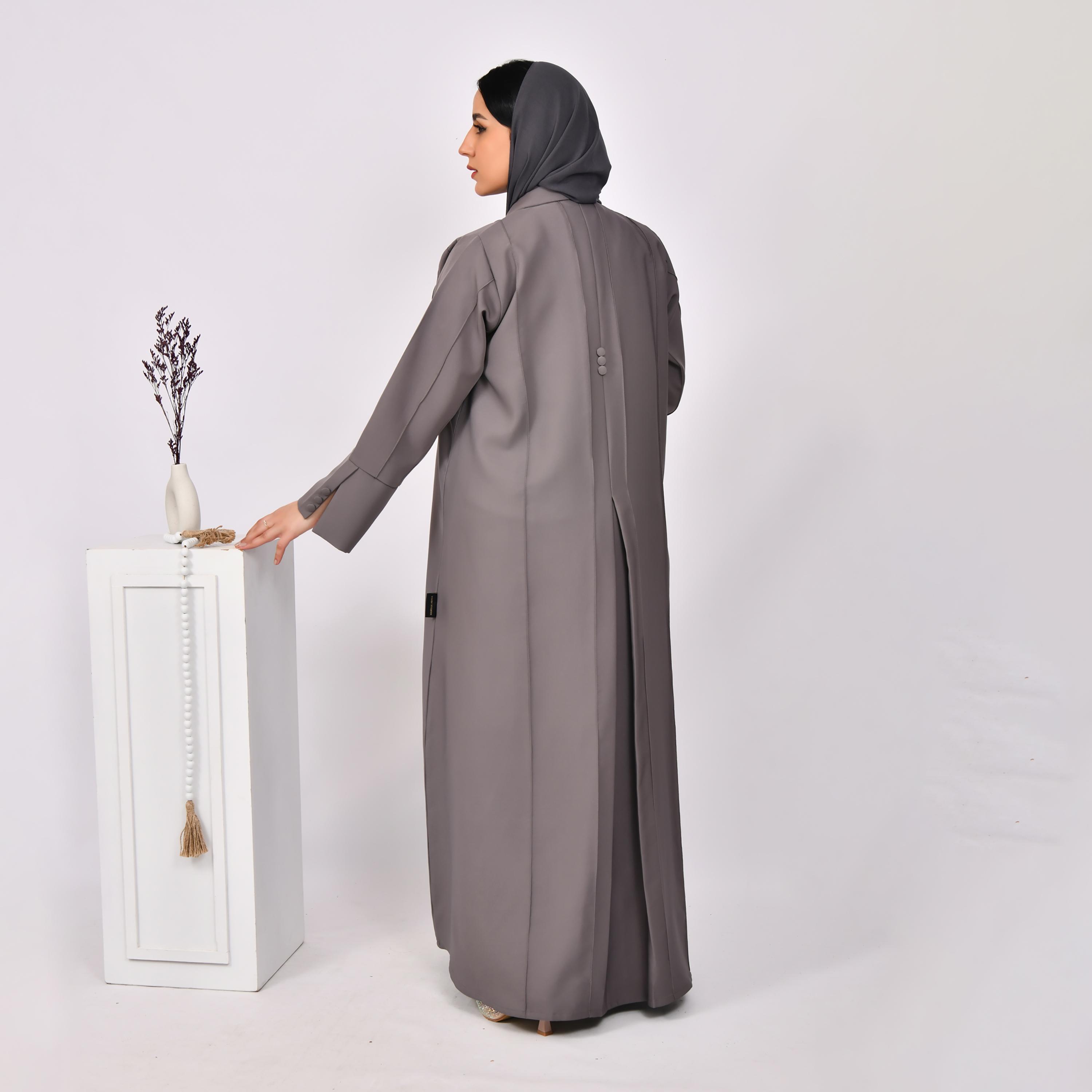 Hawraa Lapel Collar Buttoned Coat Style Linen Abaya with Hijab-women-arabicclothing-abayas-image-5