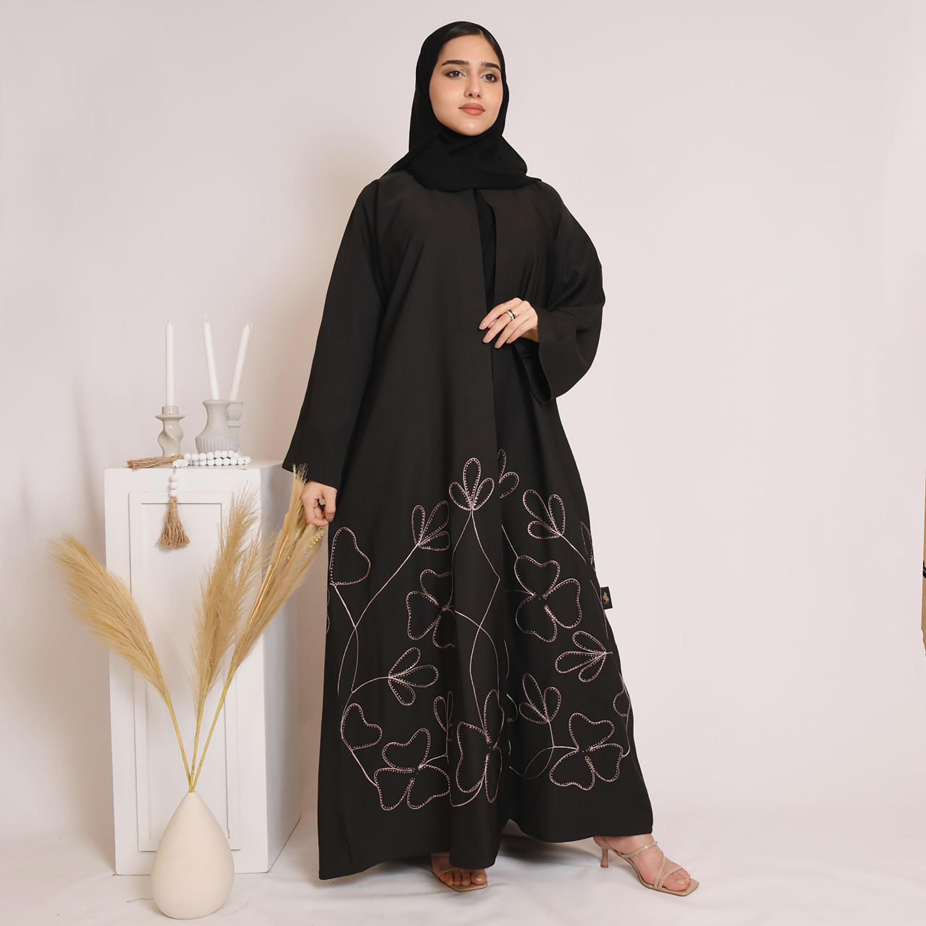 Hawraa Black Embroidered Linen Women's Abaya with Hijab-women-arabicclothing-abayas-image-1