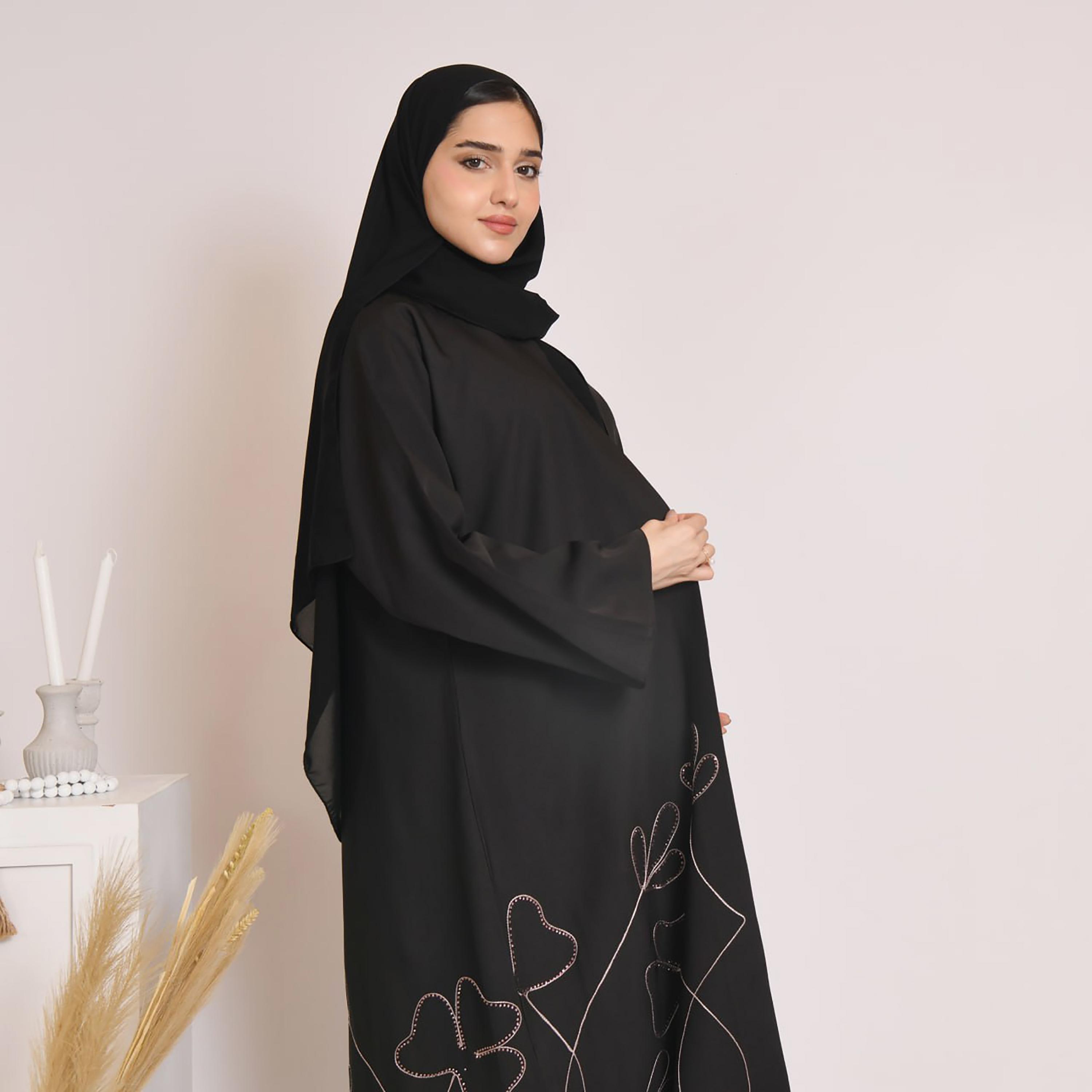 Hawraa Black Embroidered Linen Women's Abaya with Hijab-women-arabicclothing-abayas-image-2