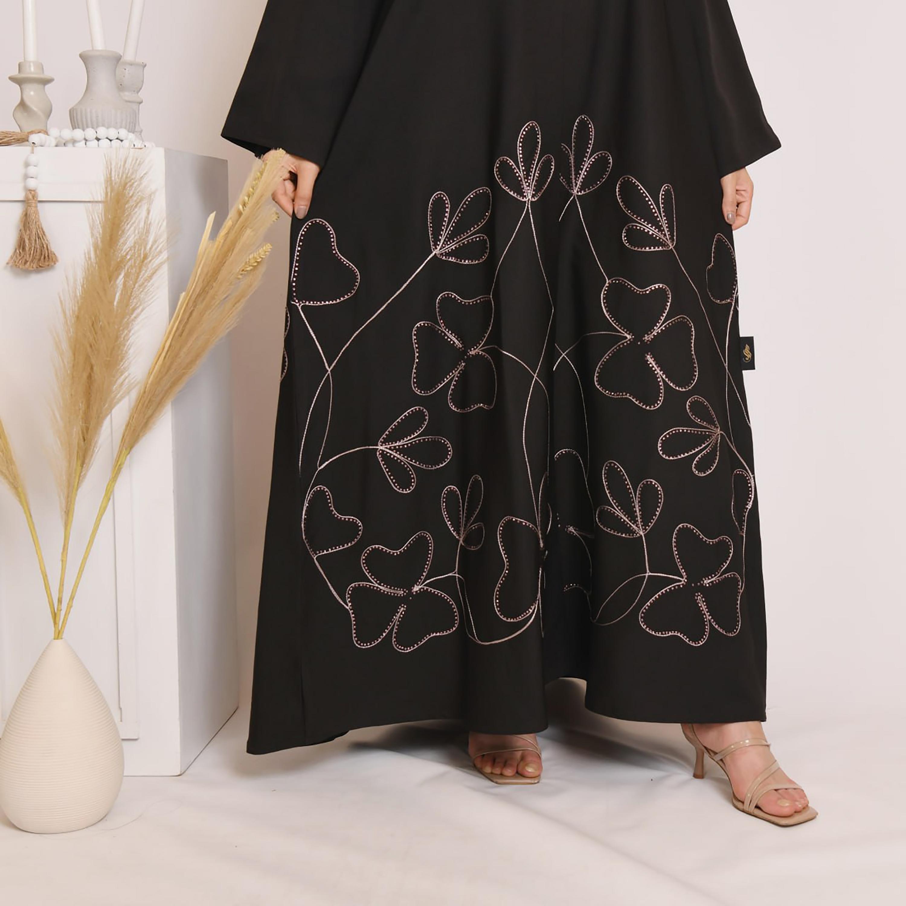 Hawraa Black Embroidered Linen Women's Abaya with Hijab-women-arabicclothing-abayas-image-3