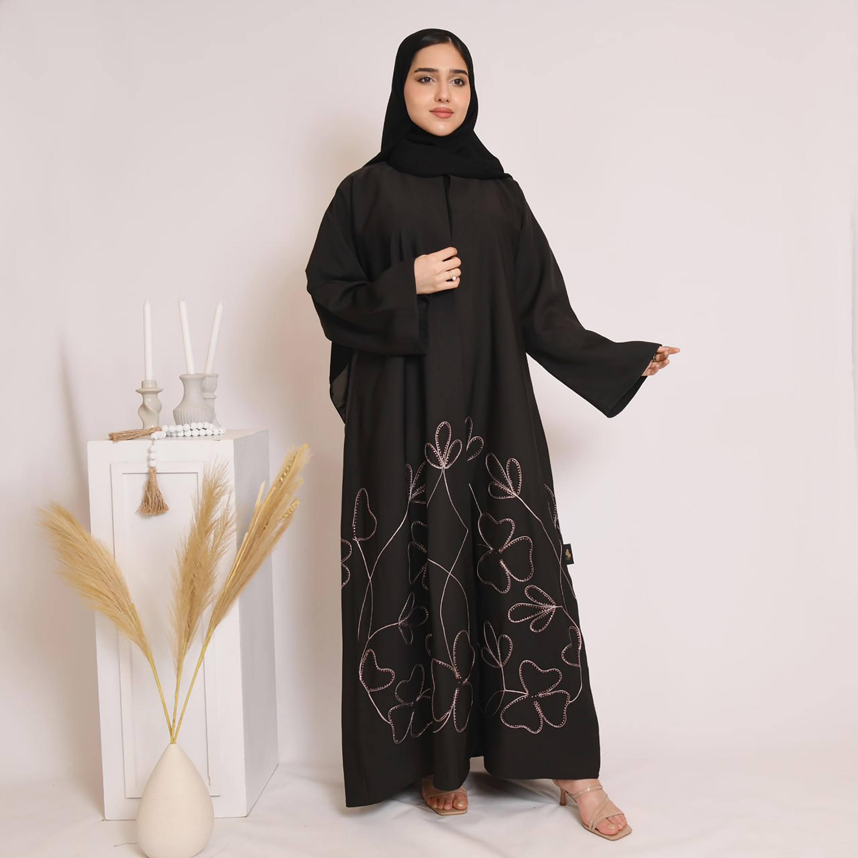 Hawraa Black Embroidered Linen Women's Abaya with Hijab-women-arabicclothing-abayas-image-4