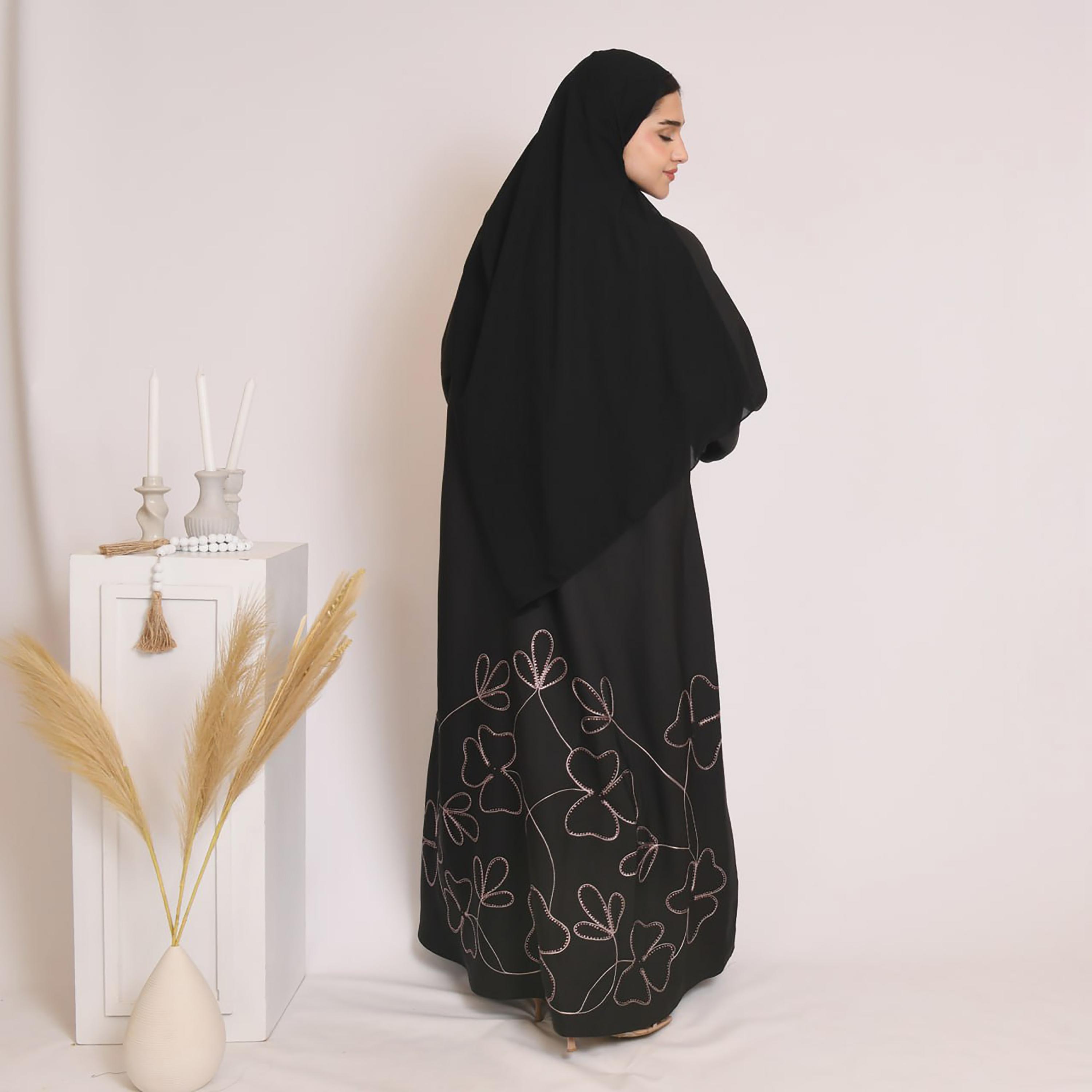 Hawraa Black Embroidered Linen Women's Abaya with Hijab-women-arabicclothing-abayas-image-5