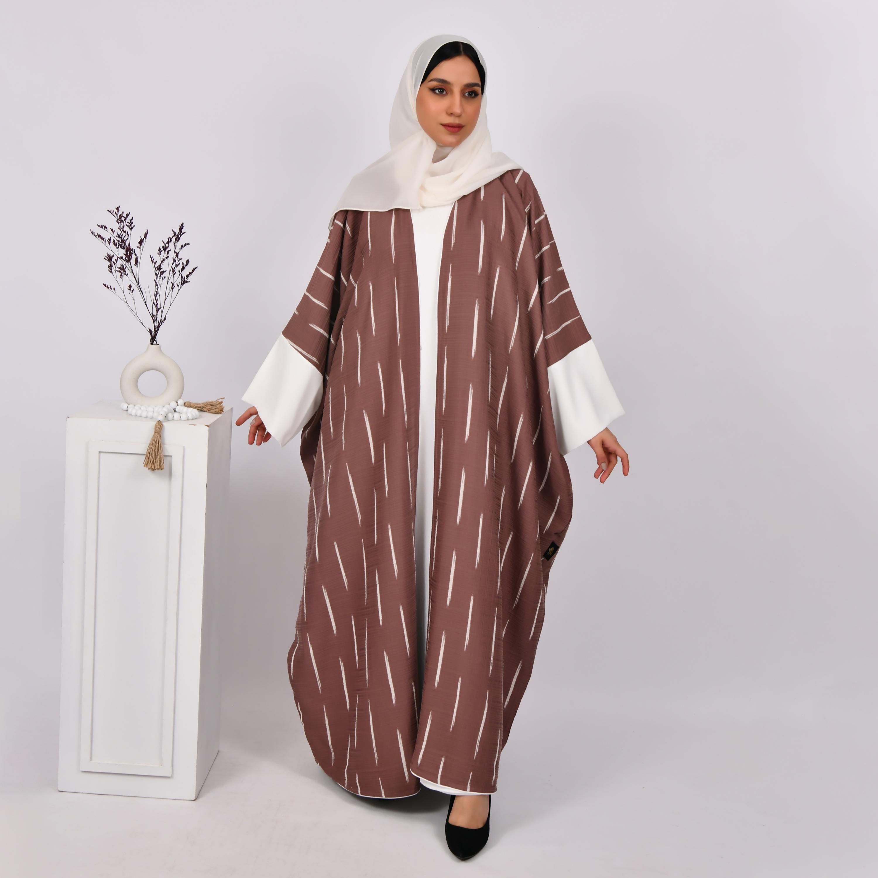 Hawraa Wide Sleeves Striped Linen Bisht Abaya with Hijab and Inner Dress-women-arabicclothing-abayas-image-1