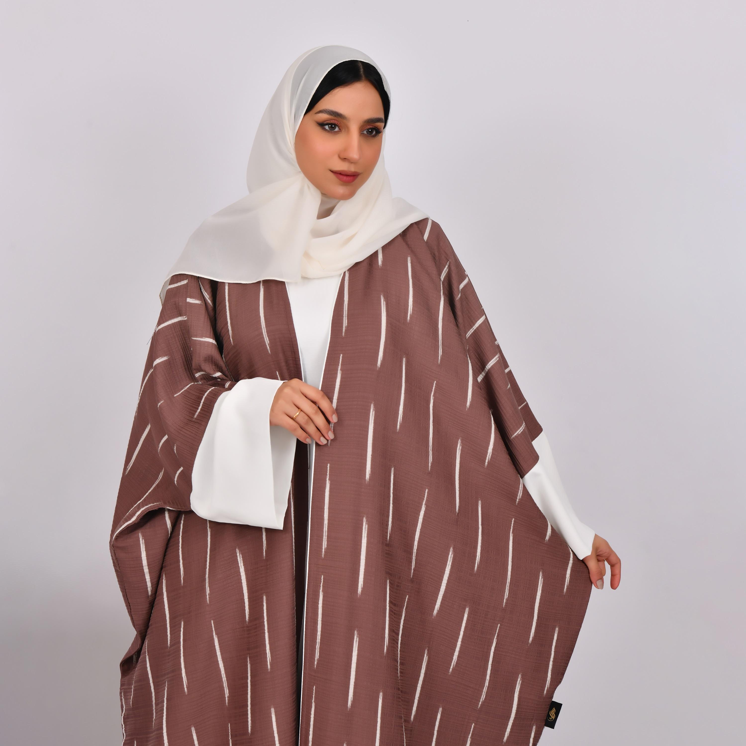 Hawraa Wide Sleeves Striped Linen Bisht Abaya with Hijab and Inner Dress-women-arabicclothing-abayas-image-2