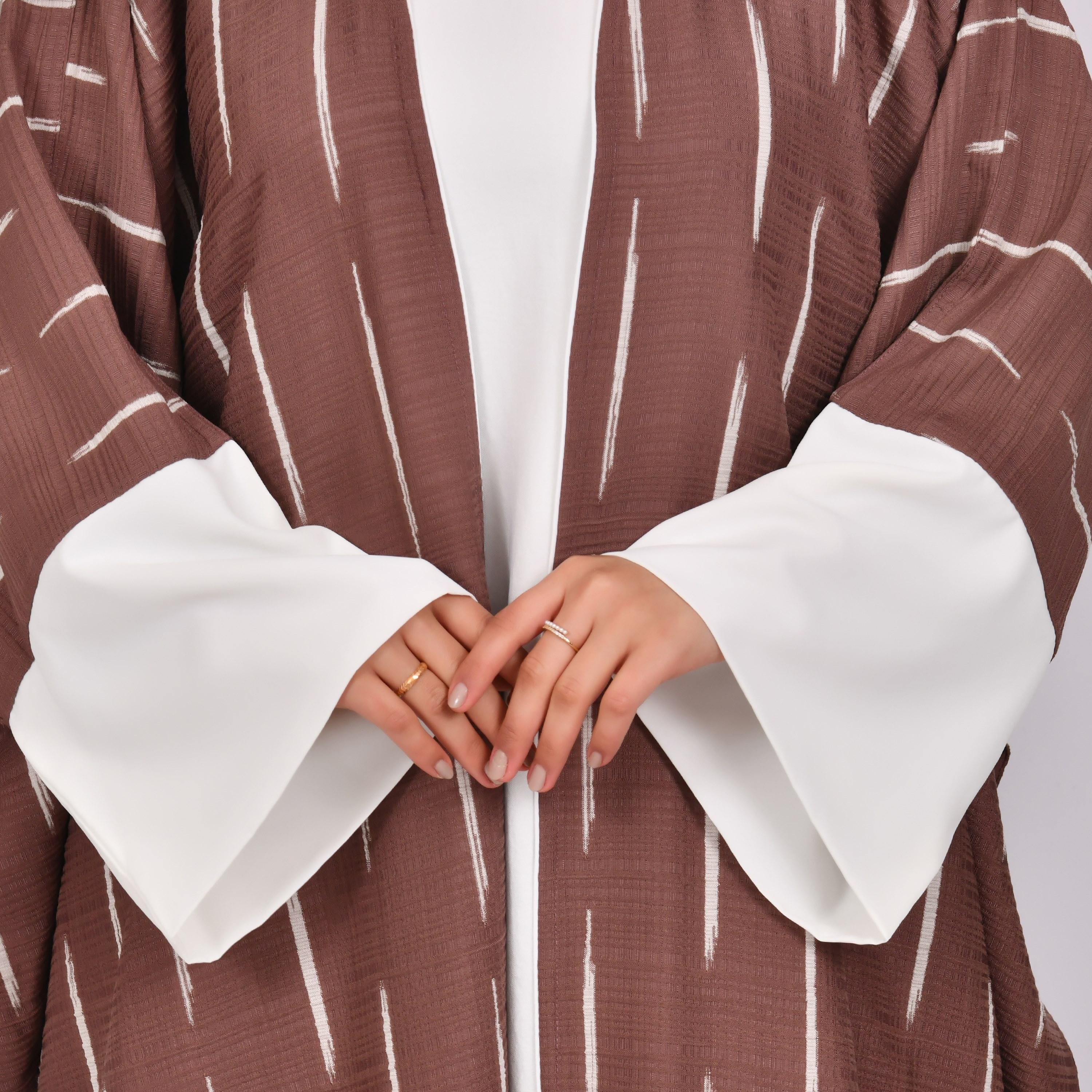 Hawraa Wide Sleeves Striped Linen Bisht Abaya with Hijab and Inner Dress-women-arabicclothing-abayas-image-3