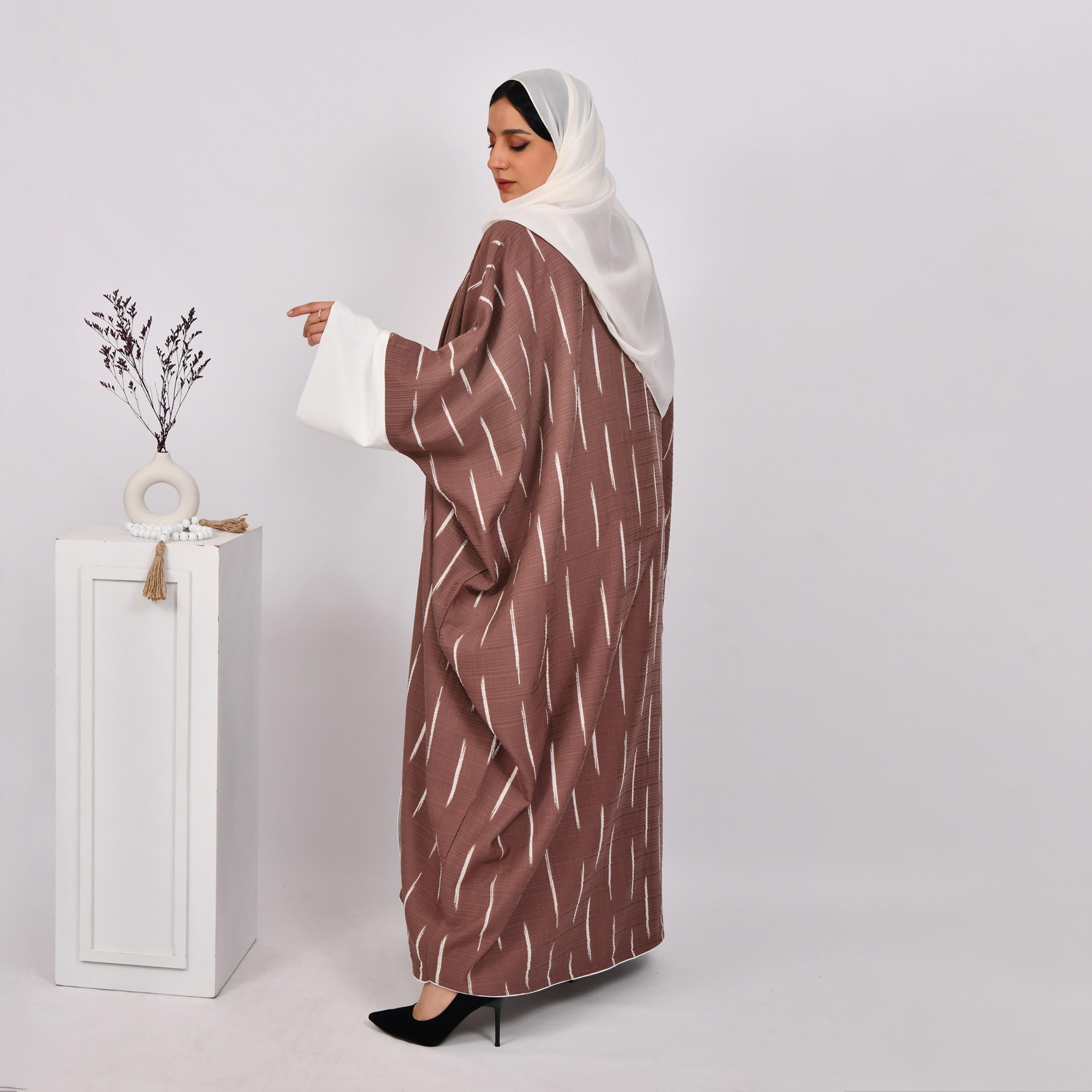 Hawraa Wide Sleeves Striped Linen Bisht Abaya with Hijab and Inner Dress-women-arabicclothing-abayas-image-5