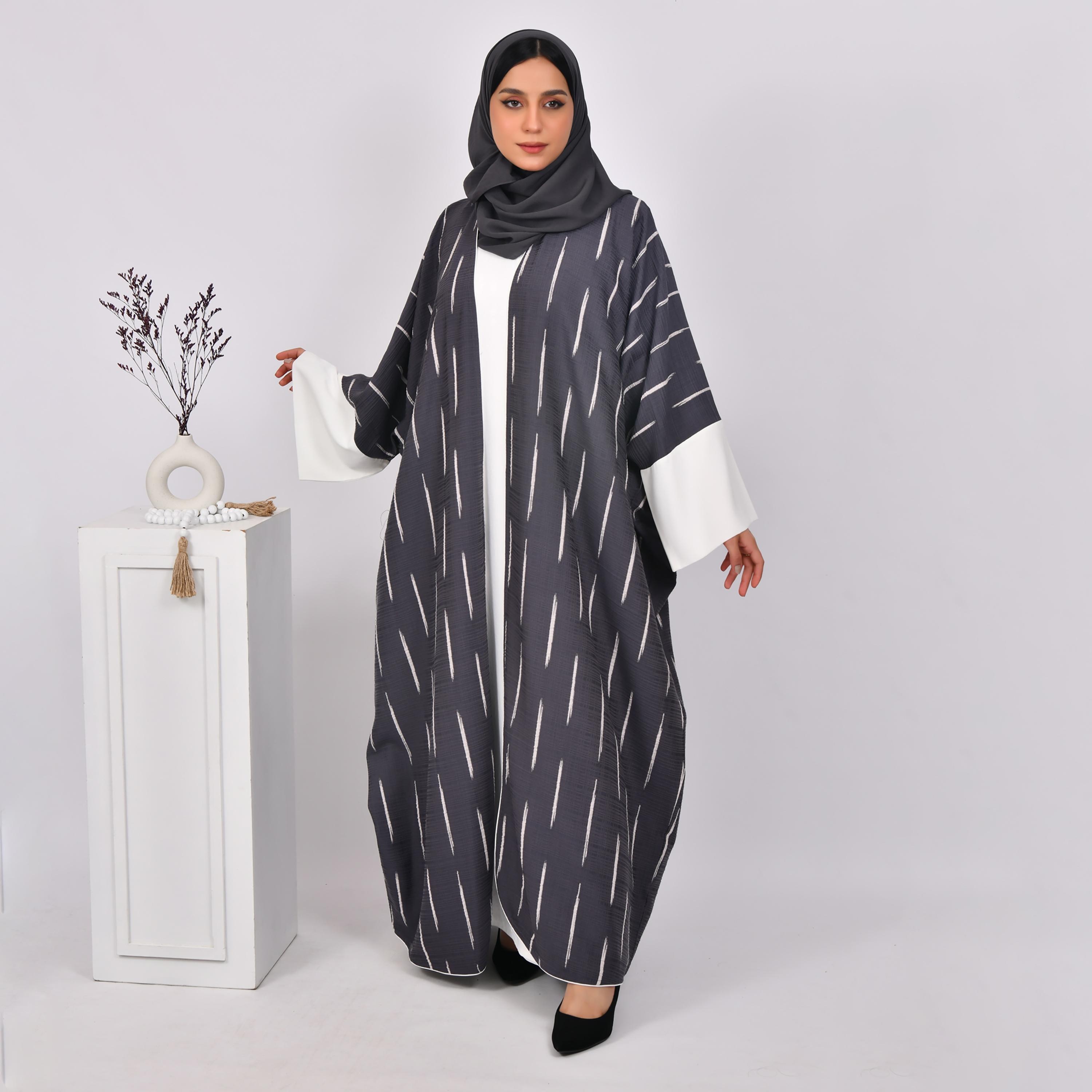 Hawraa Wide Sleeves Striped Linen Bisht Abaya with Hijab and Inner Dress-women-arabicclothing-abayas-image-1
