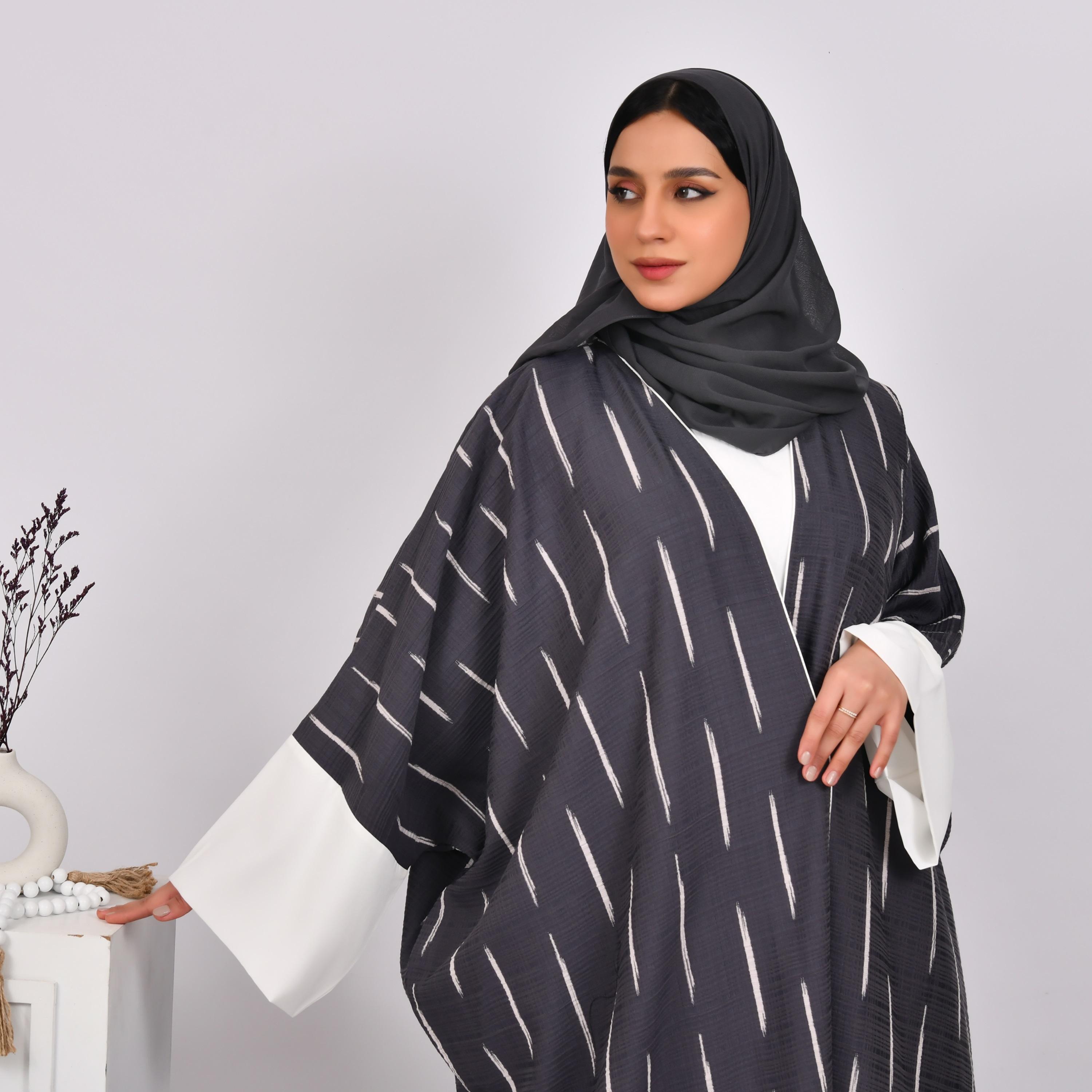 Hawraa Wide Sleeves Striped Linen Bisht Abaya with Hijab and Inner Dress-women-arabicclothing-abayas-image-2