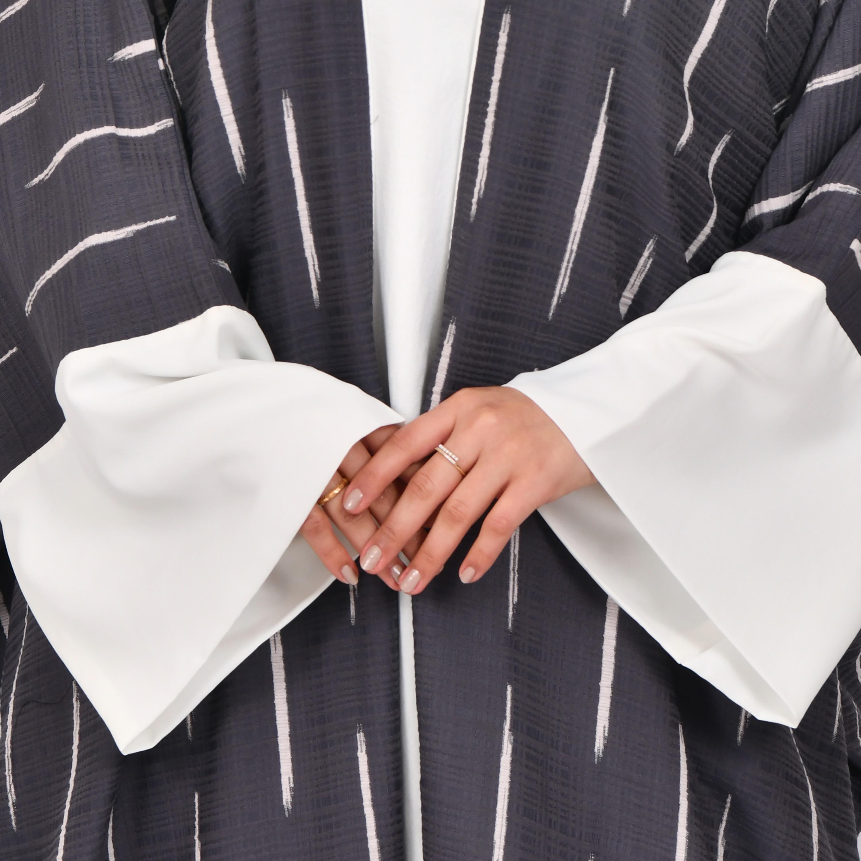Hawraa Wide Sleeves Striped Linen Bisht Abaya with Hijab and Inner Dress-women-arabicclothing-abayas-image-3