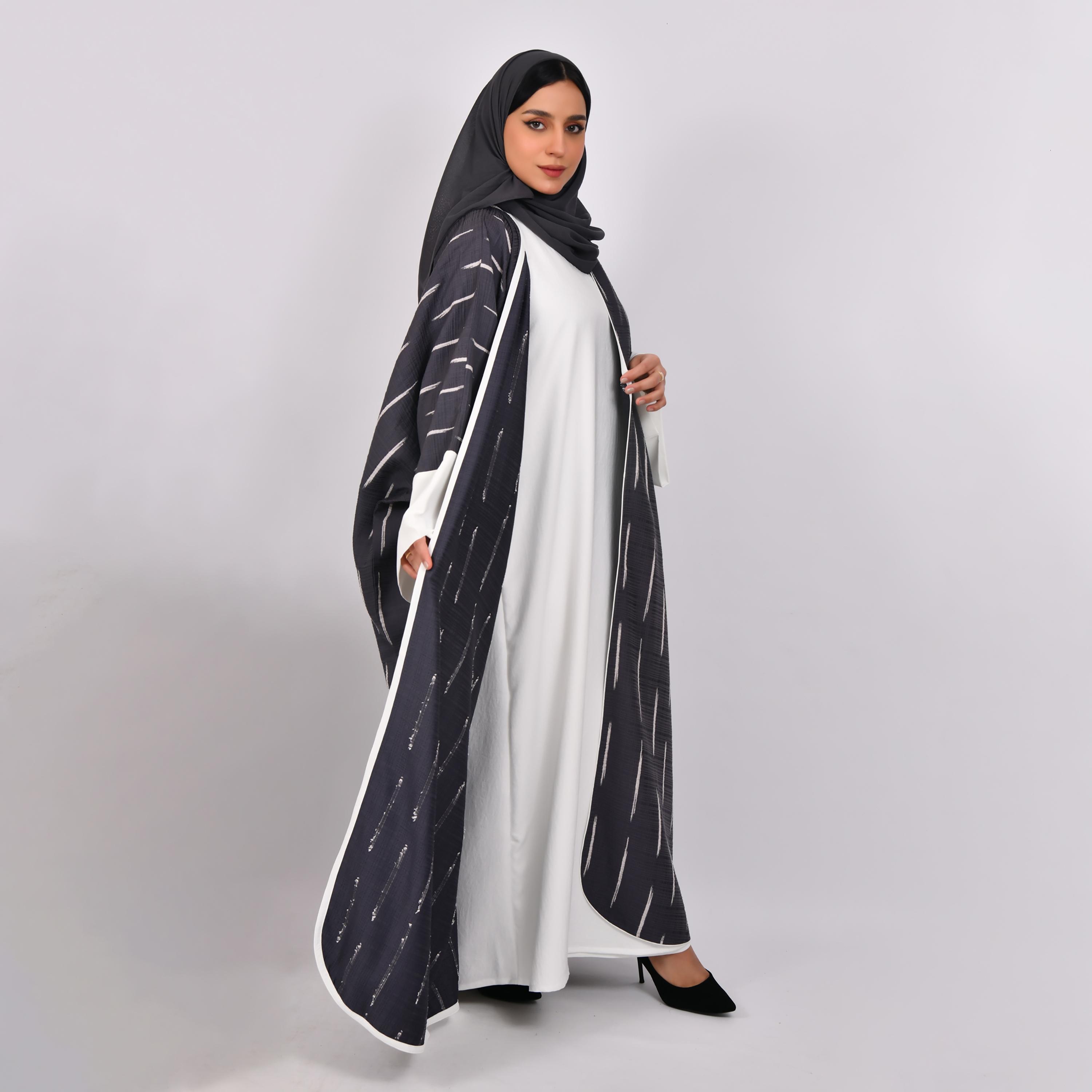 Hawraa Wide Sleeves Striped Linen Bisht Abaya with Hijab and Inner Dress-women-arabicclothing-abayas-image-4