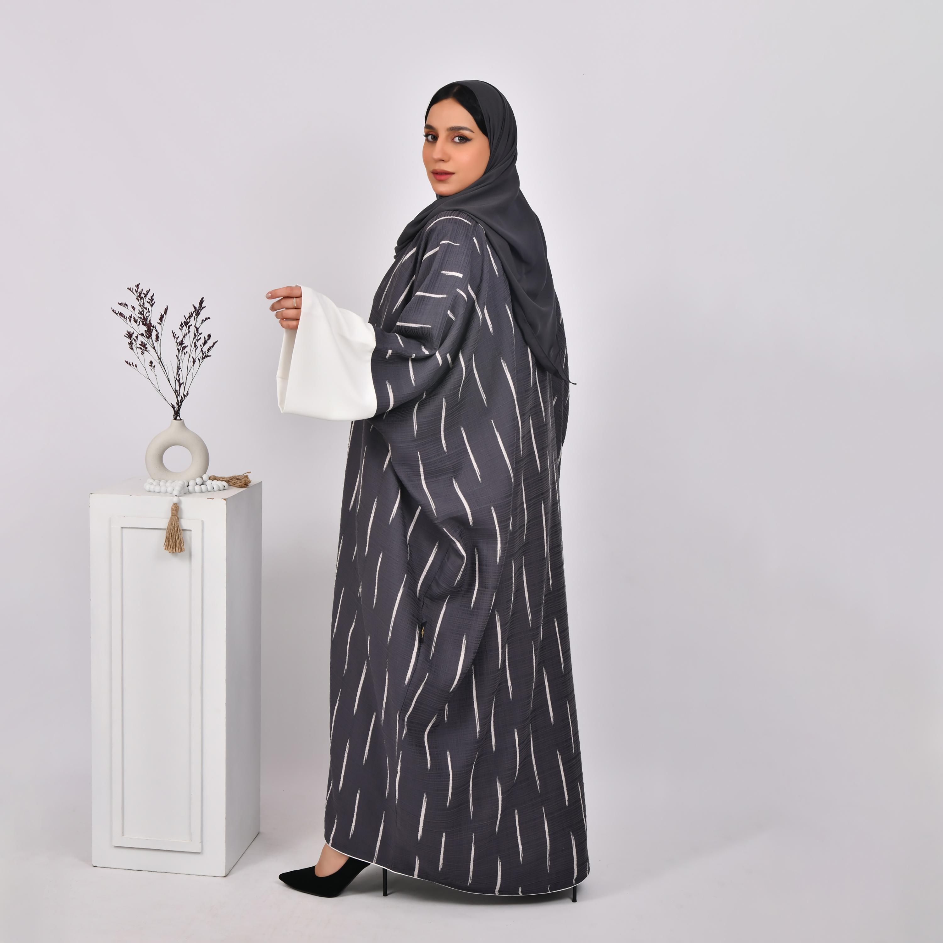 Hawraa Wide Sleeves Striped Linen Bisht Abaya with Hijab and Inner Dress-women-arabicclothing-abayas-image-5