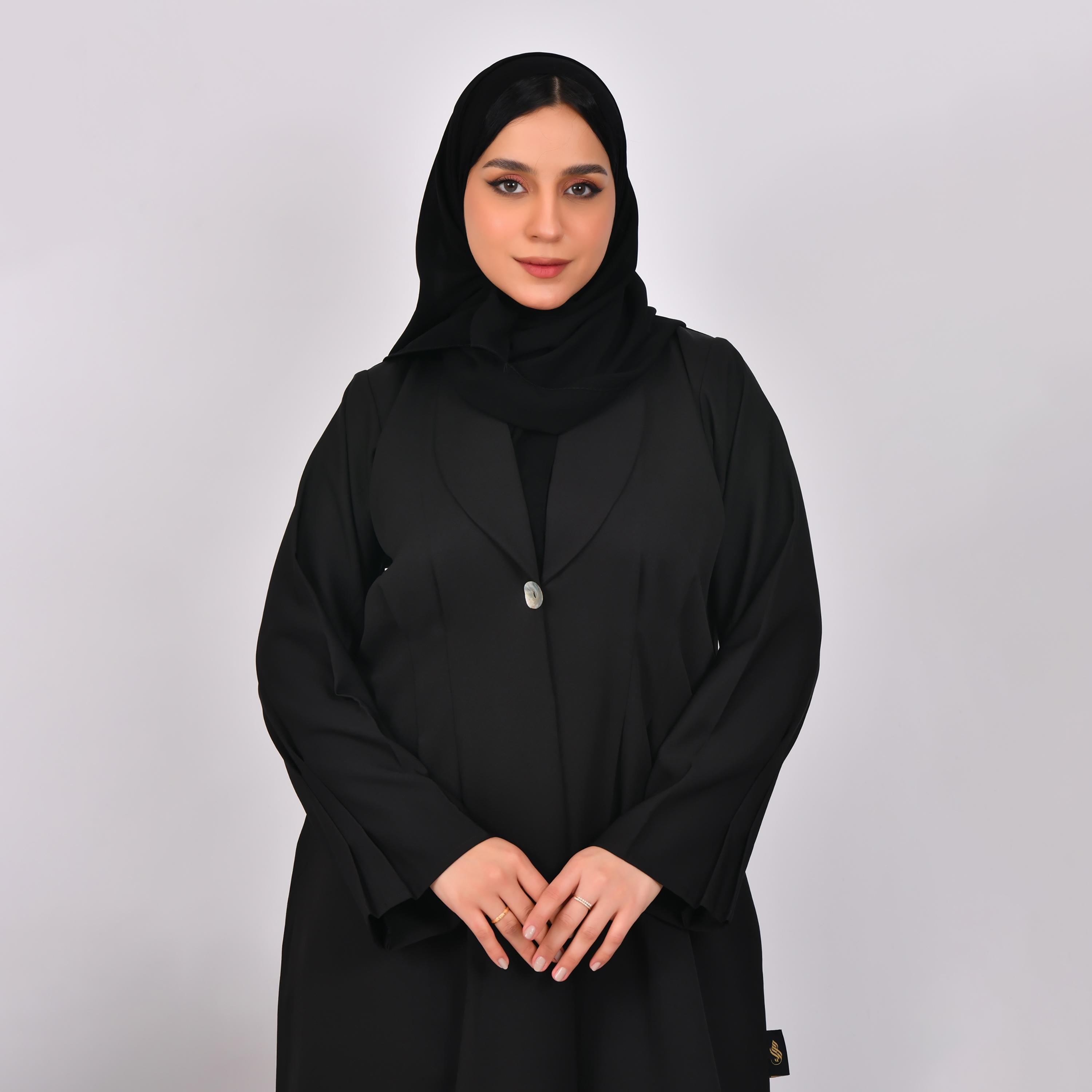 Hawraa Black Lapel Collar Pleated Back and Sleeves Coat Style Linen Abaya with Hijab-women-arabicclothing-abayas-image-1