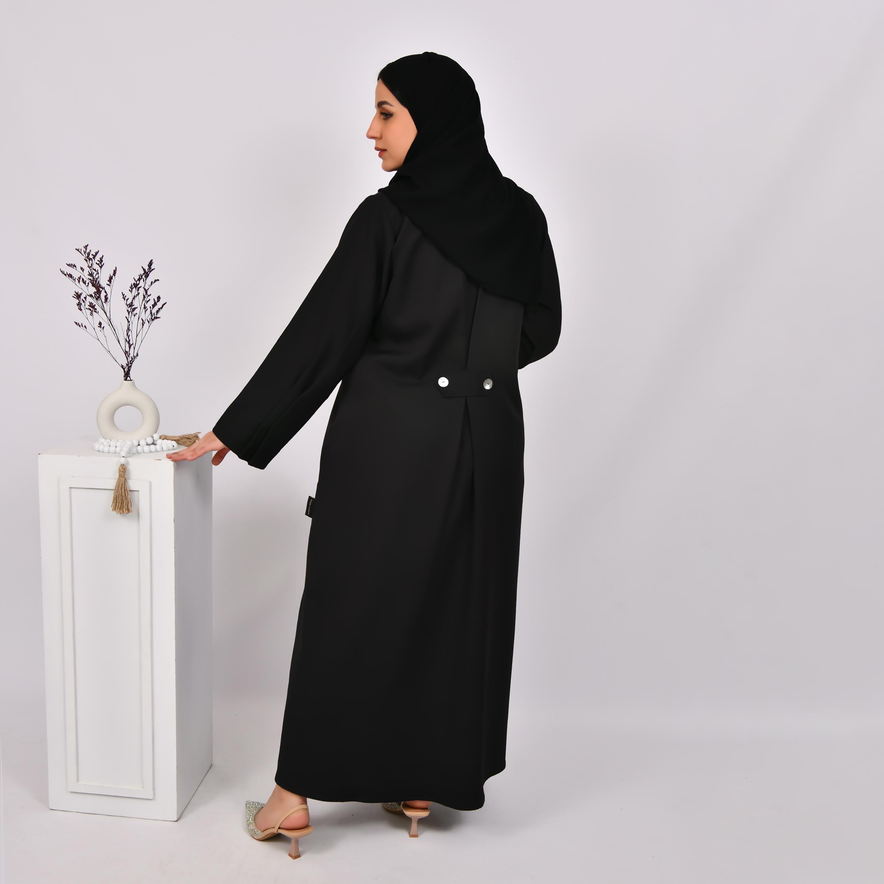 Hawraa Black Lapel Collar Pleated Back and Sleeves Coat Style Linen Abaya with Hijab-women-arabicclothing-abayas-image-3