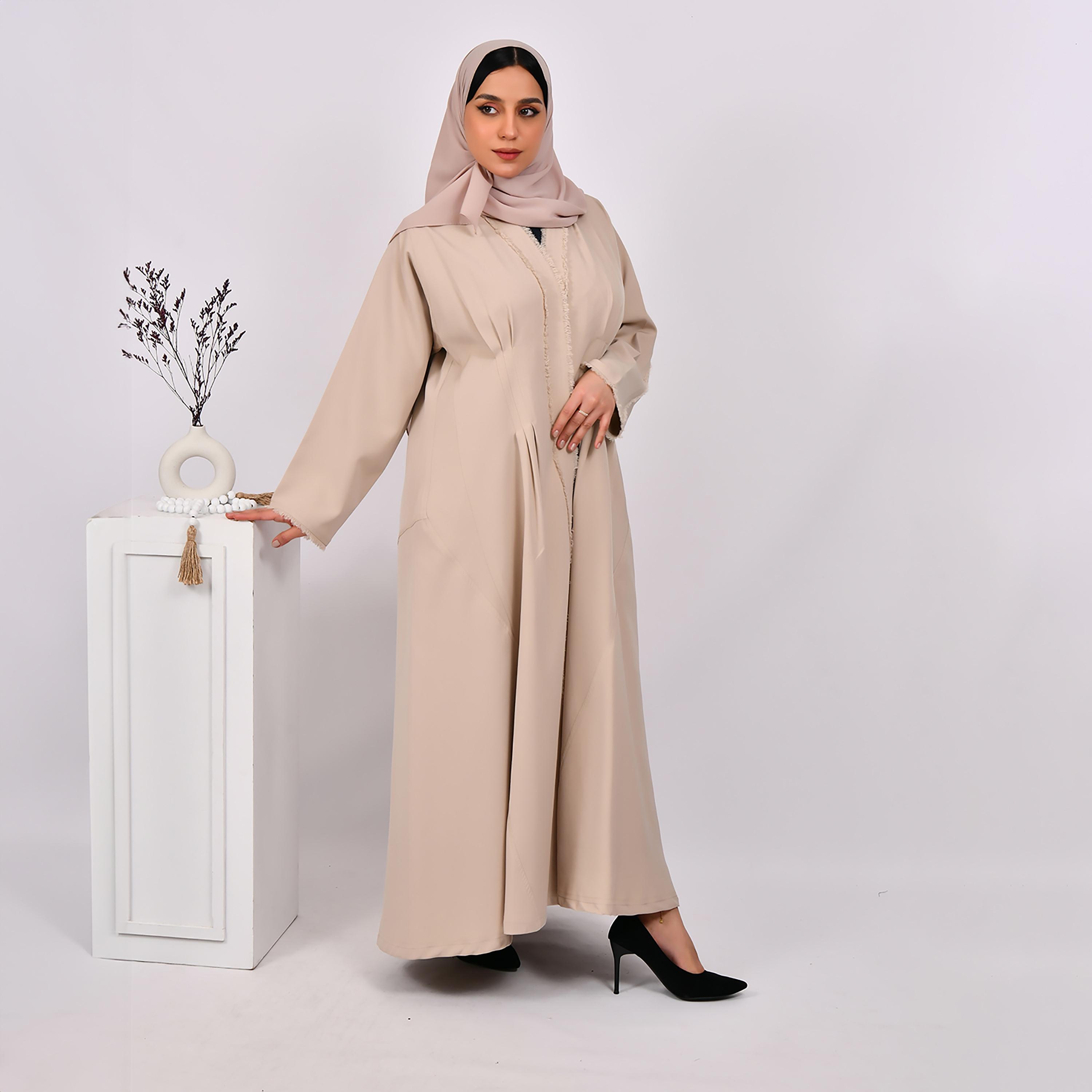 Hawraa Tassels and Pleats Line Wrap Abaya with Hijab-women-arabicclothing-abayas-image-1
