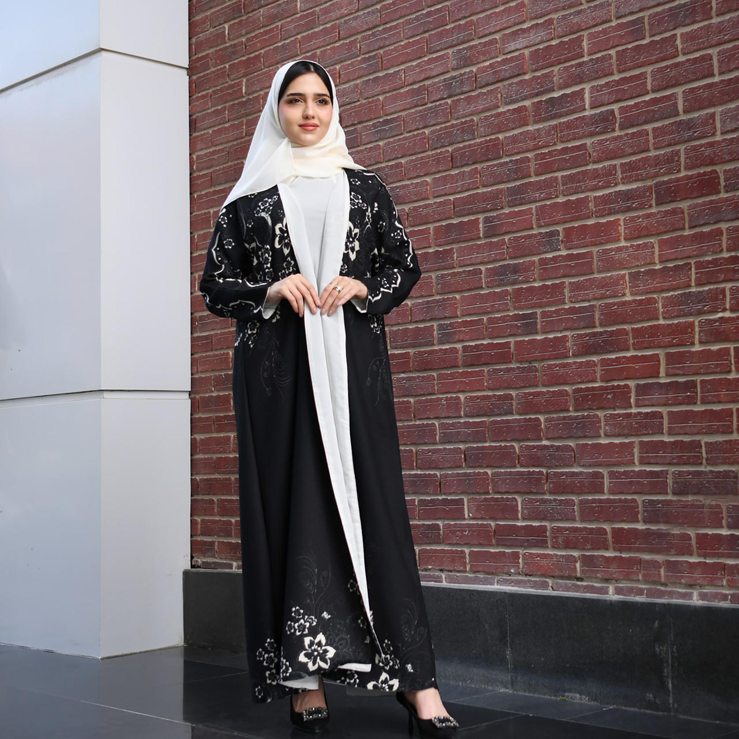 Hawraa Black Floral Double Face Linen Cloche Abaya with Hijab-women-arabicclothing-abayas-image-1