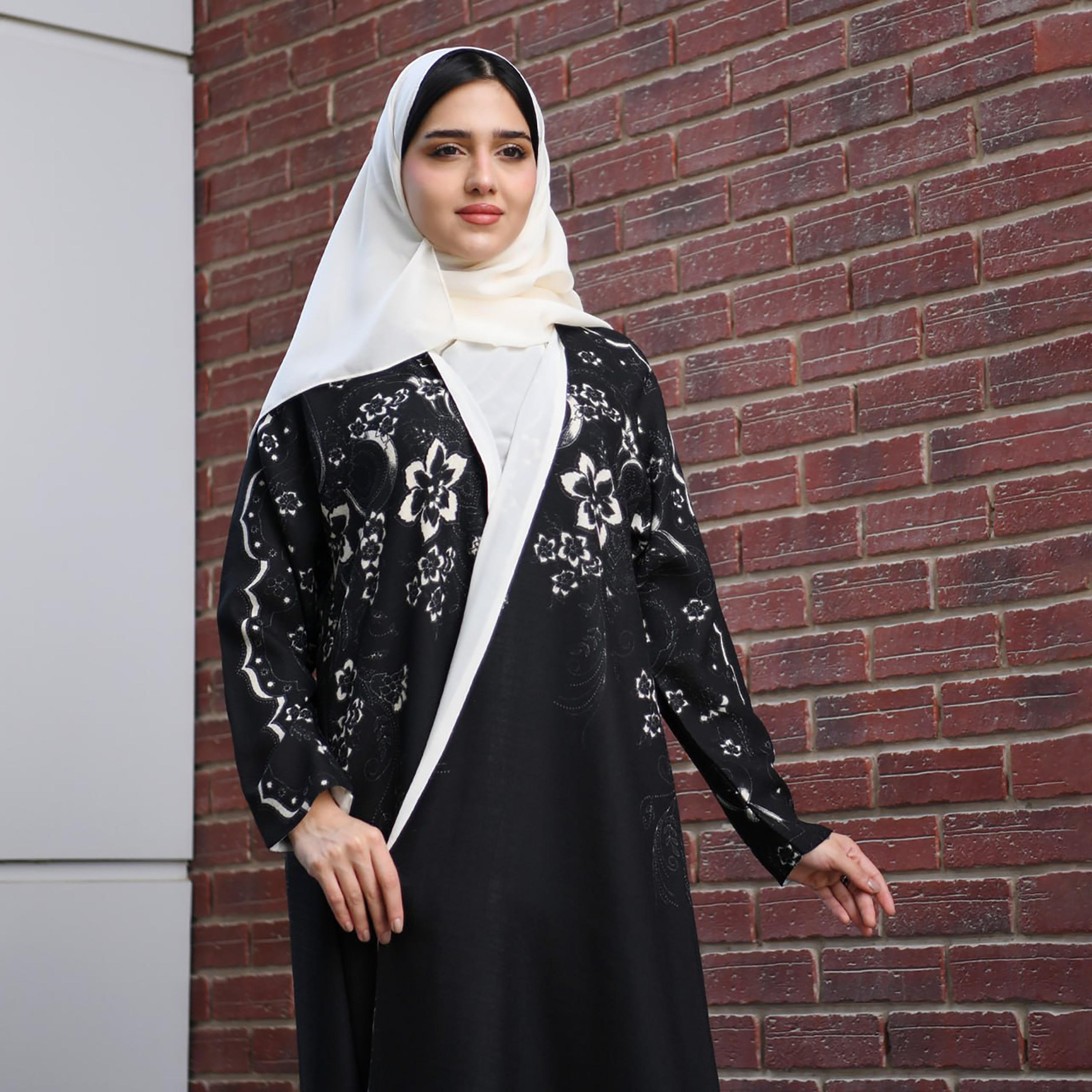 Hawraa Black Floral Double Face Linen Cloche Abaya with Hijab-women-arabicclothing-abayas-image-2
