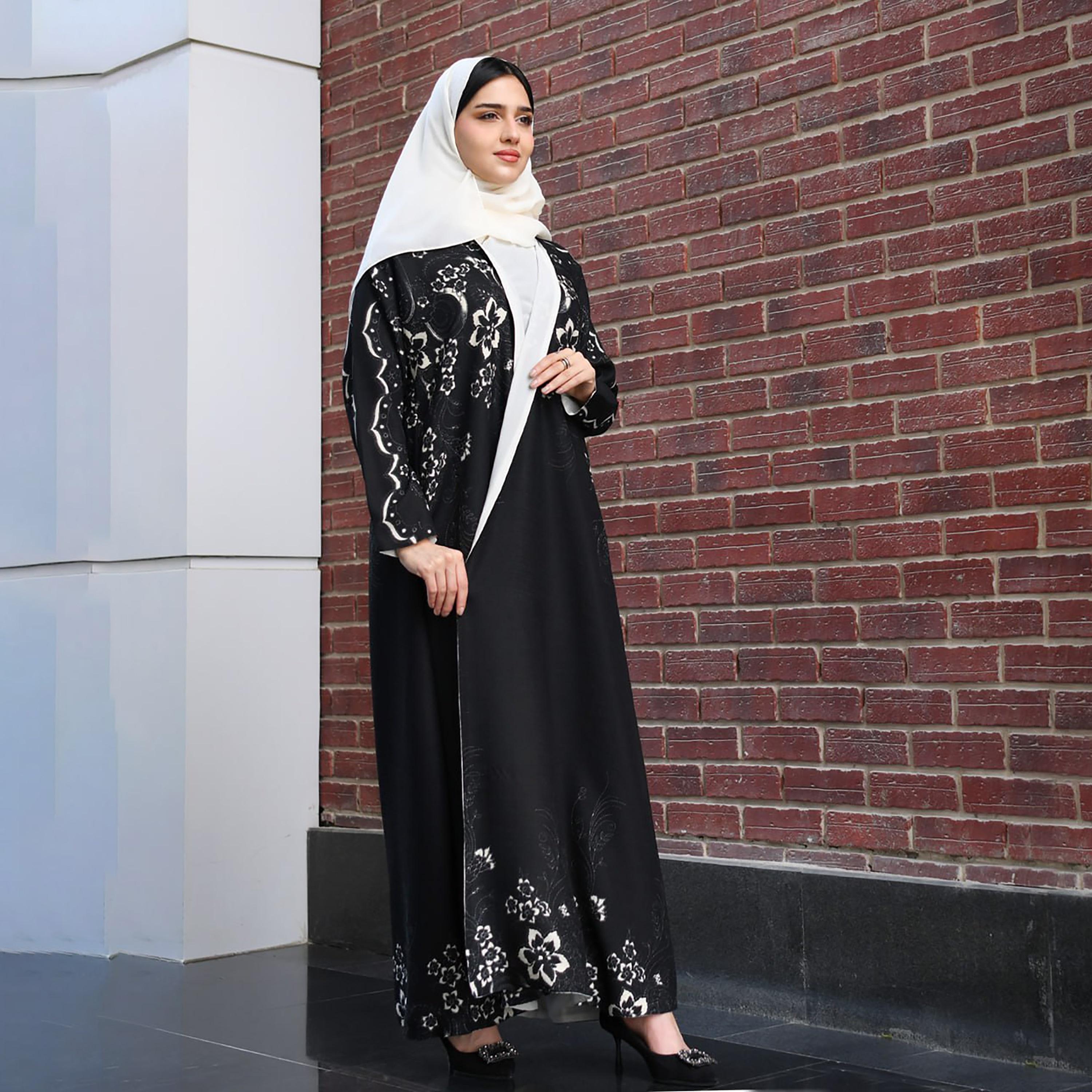 Hawraa Black Floral Double Face Linen Cloche Abaya with Hijab-women-arabicclothing-abayas-image-3