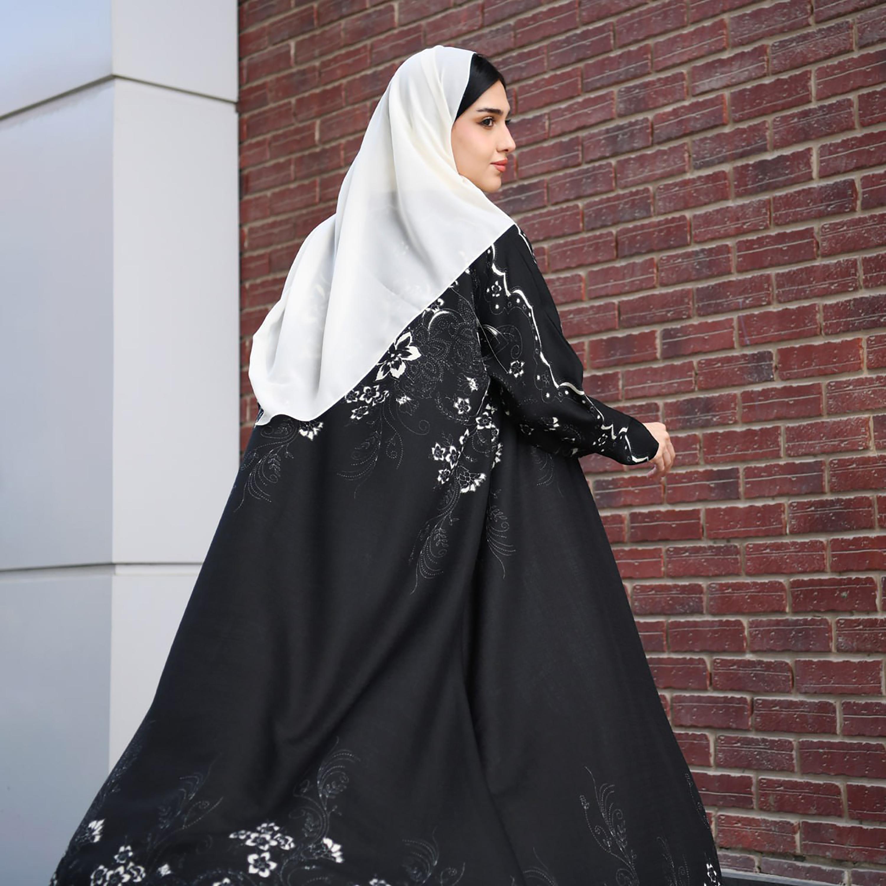 Hawraa Black Floral Double Face Linen Cloche Abaya with Hijab-women-arabicclothing-abayas-image-4