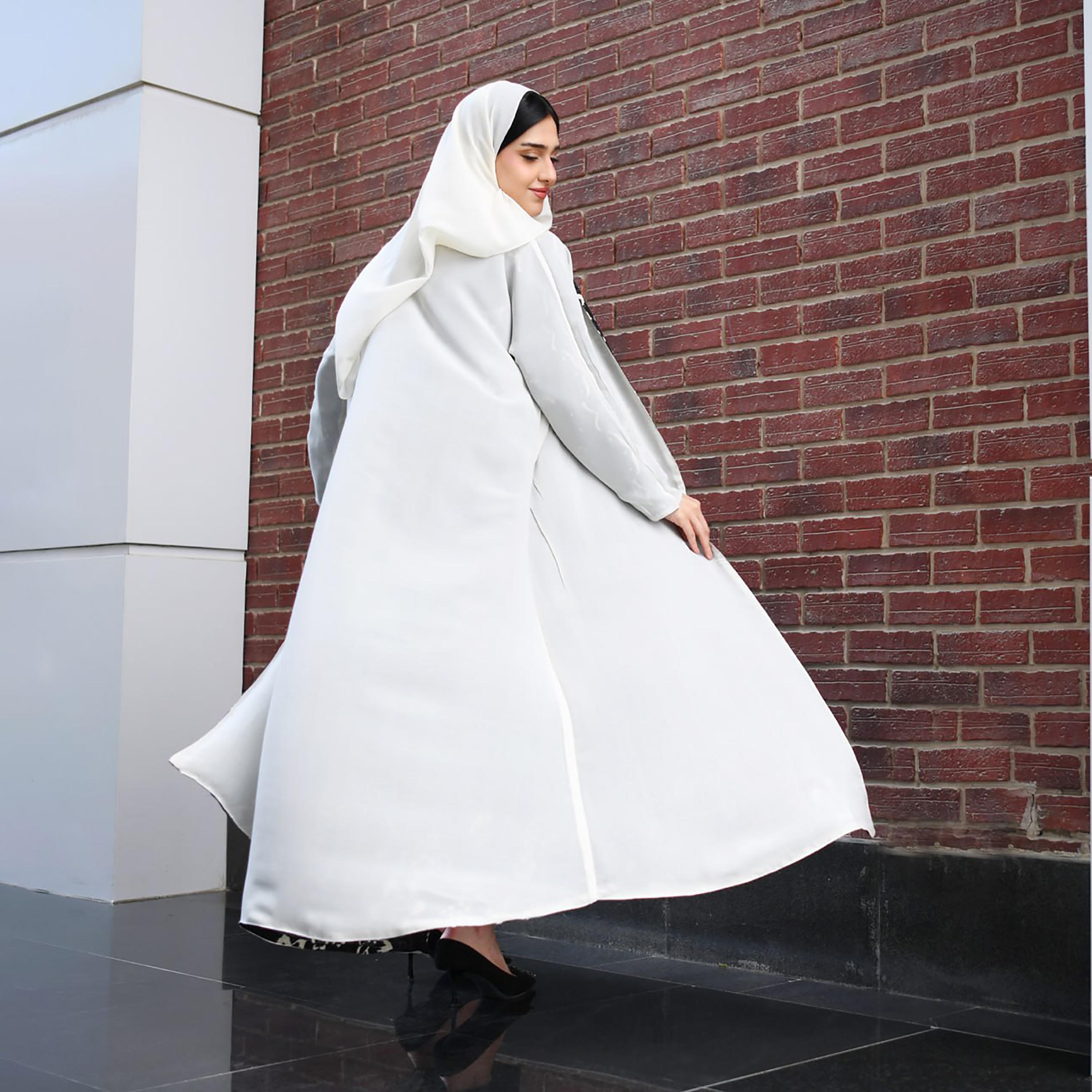 Hawraa Black Floral Double Face Linen Cloche Abaya with Hijab-women-arabicclothing-abayas-image-5