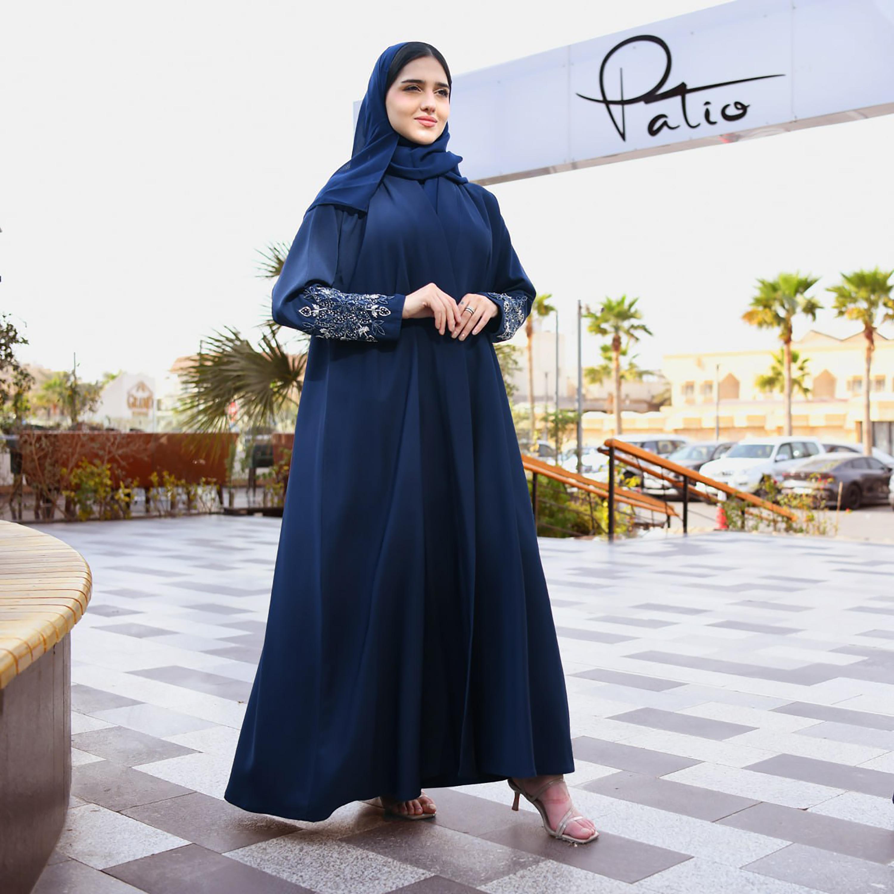 Hawraa Hand Beaded Sleeves Linen Cloche Wrap Abaya with Hijab-women-arabicclothing-abayas-image-1