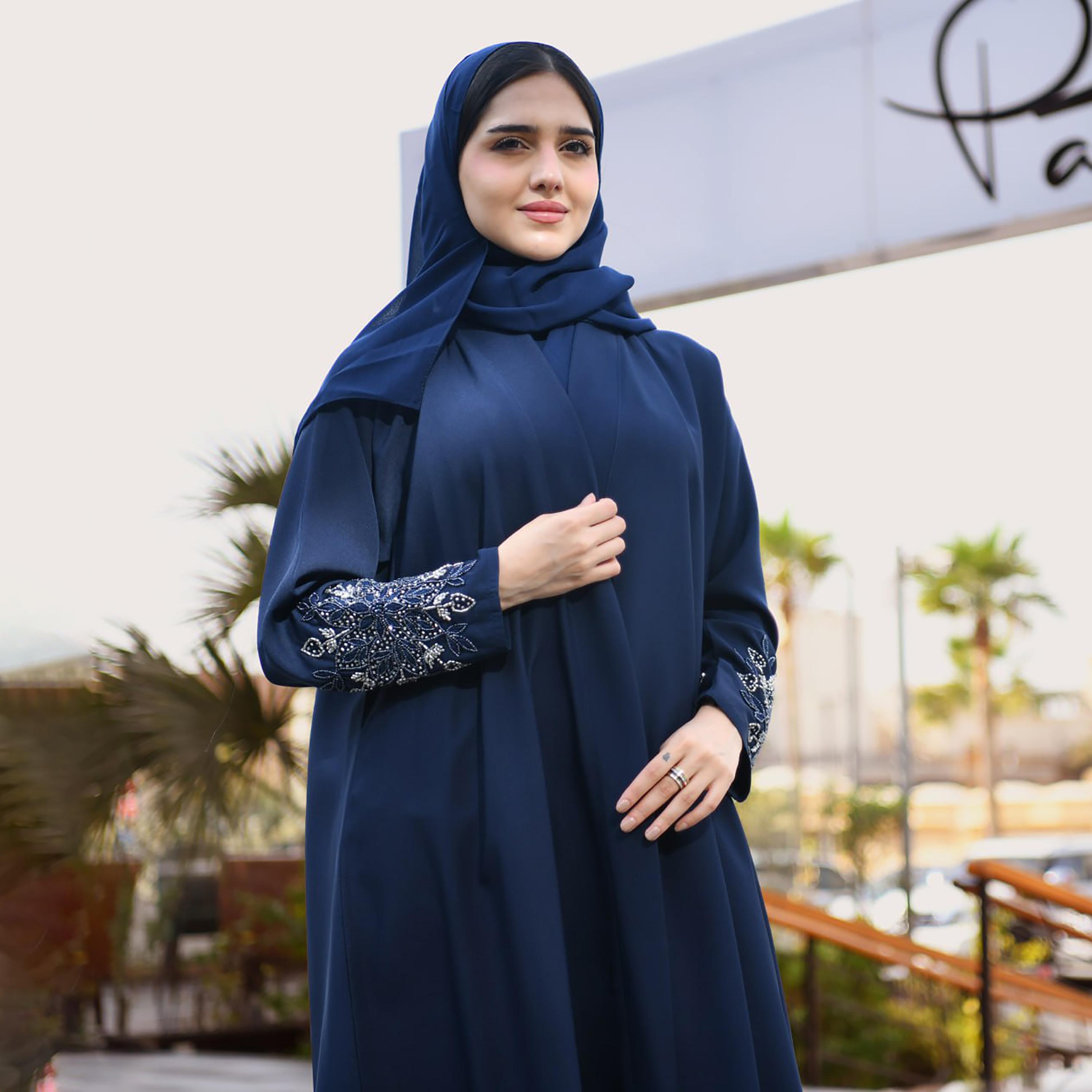 Hawraa Hand Beaded Sleeves Linen Cloche Wrap Abaya with Hijab-women-arabicclothing-abayas-image-2