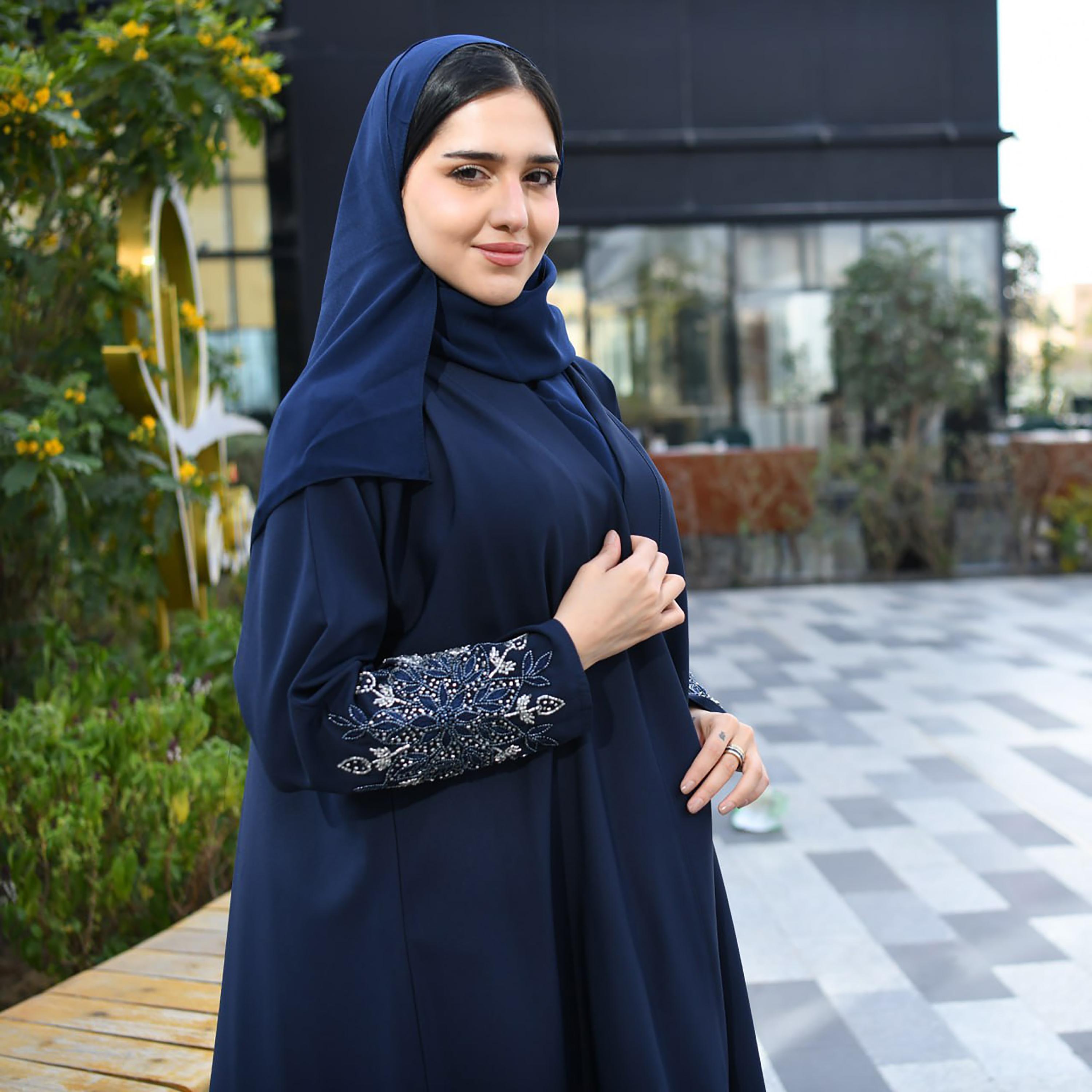Hawraa Hand Beaded Sleeves Linen Cloche Wrap Abaya with Hijab-women-arabicclothing-abayas-image-3