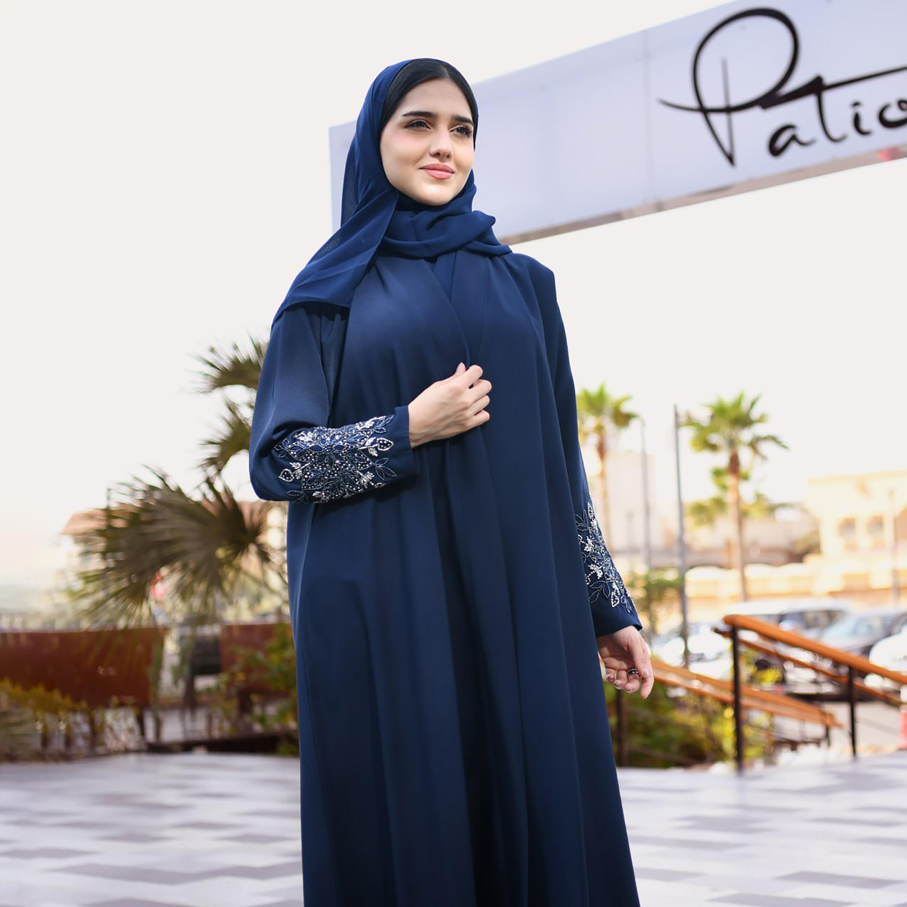 Hawraa Hand Beaded Sleeves Linen Cloche Wrap Abaya with Hijab-women-arabicclothing-abayas-image-4
