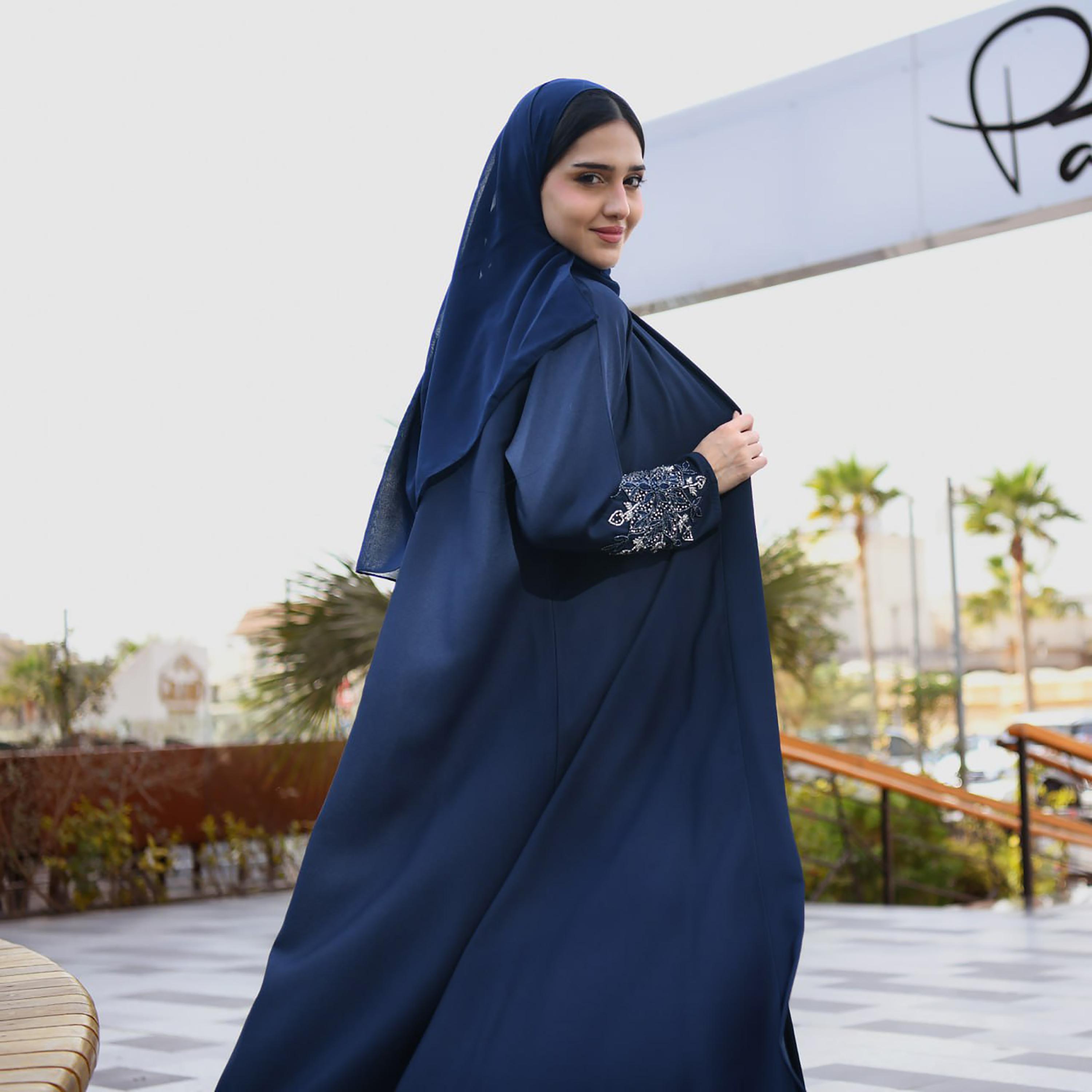 Hawraa Hand Beaded Sleeves Linen Cloche Wrap Abaya with Hijab-women-arabicclothing-abayas-image-5