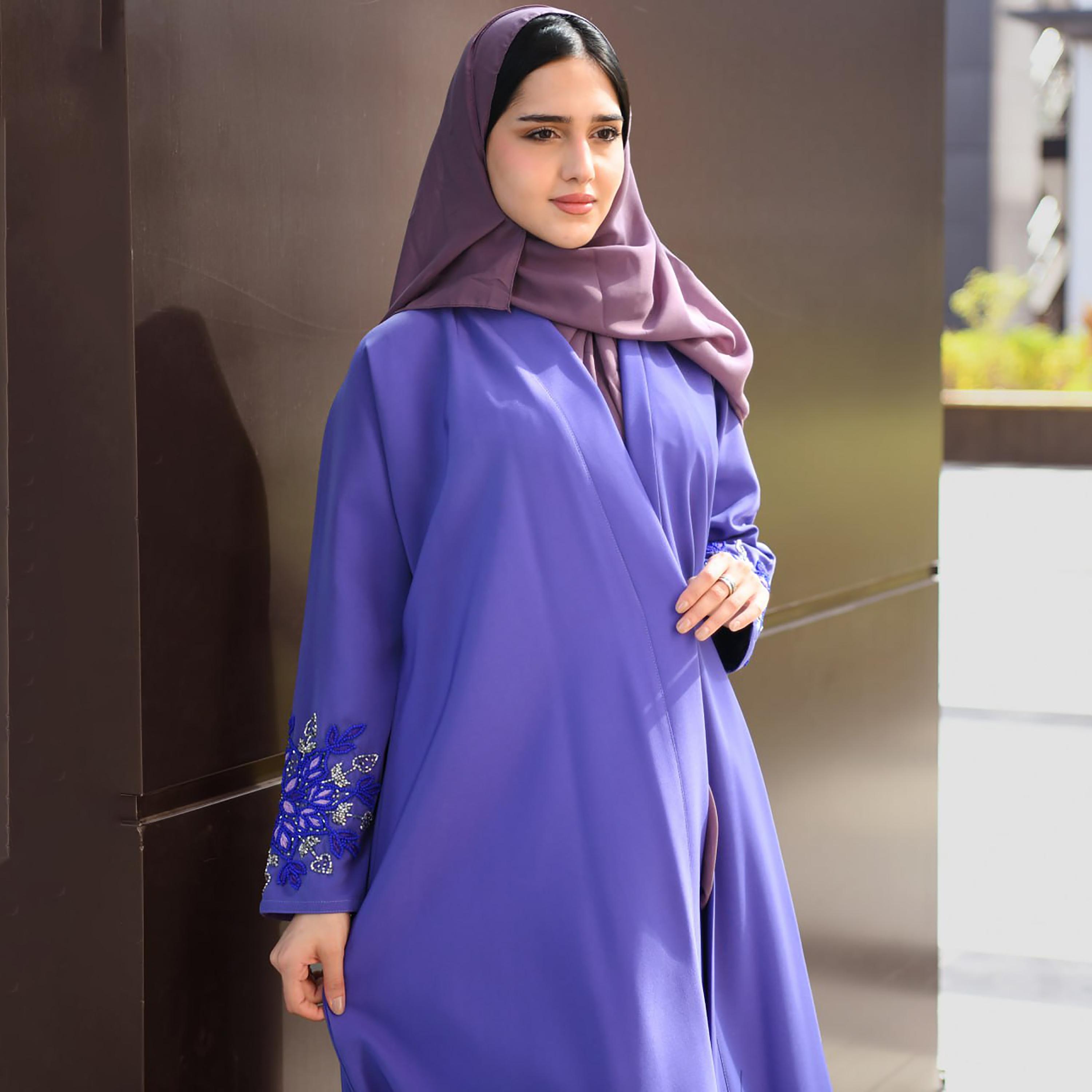 Hawraa Hand Beaded Sleeves Linen Cloche Wrap Abaya with Hijab-women-arabicclothing-abayas-image-1